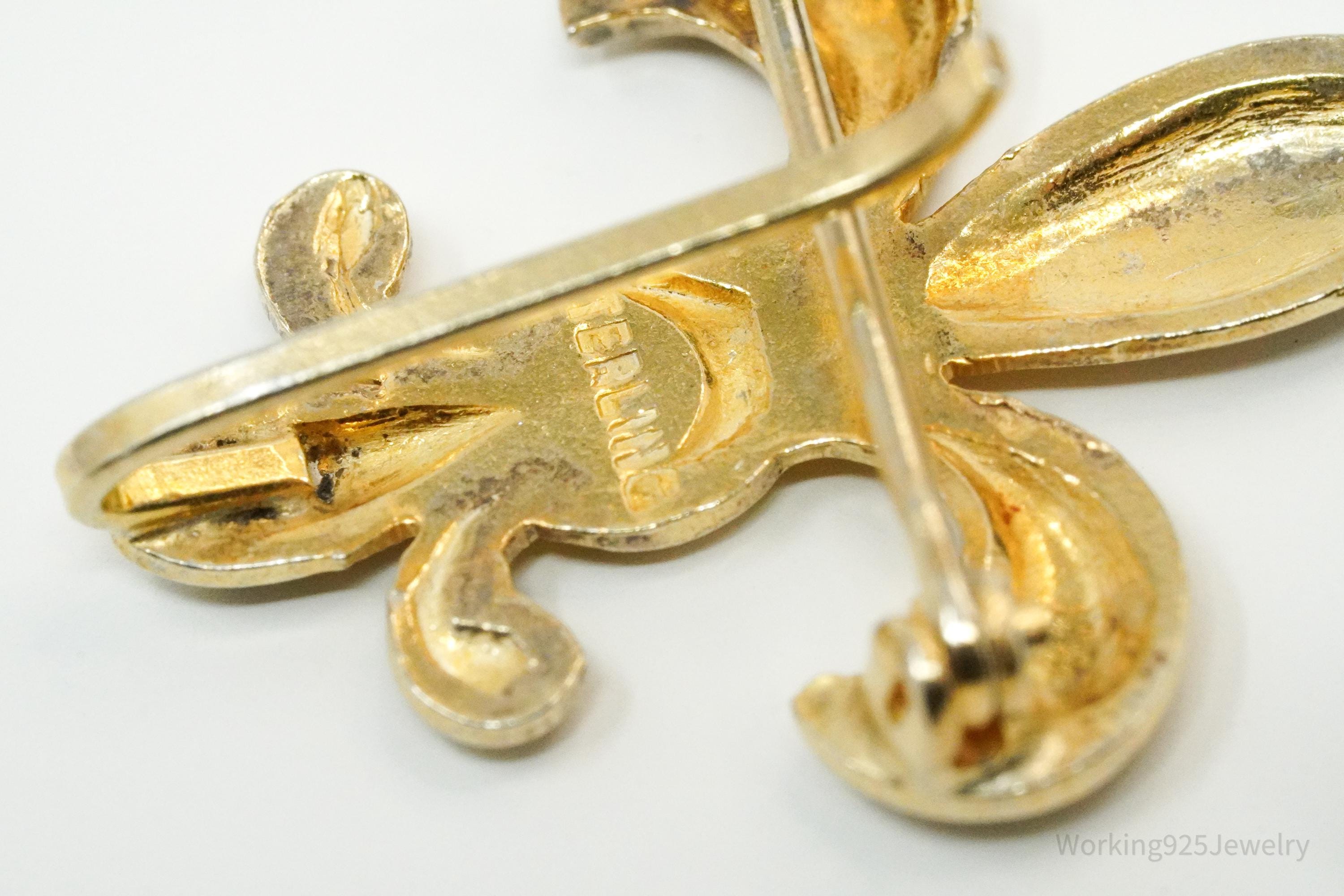 Vintage Fleur De Lis Gold Vermeil Sterling Silver Brooch Pin