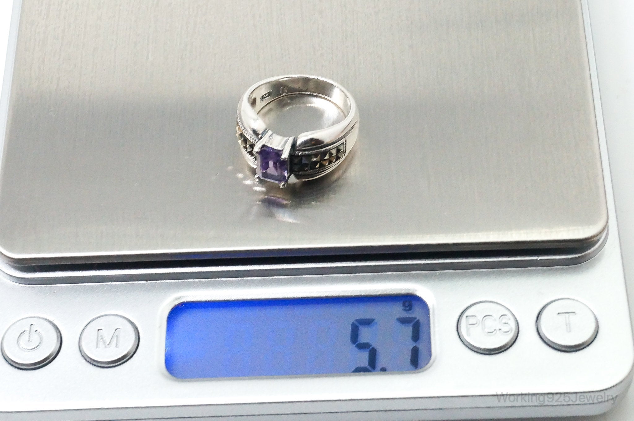 Vintage Art Deco Amethyst Marcasite Sterling Silver Ring - Size 6