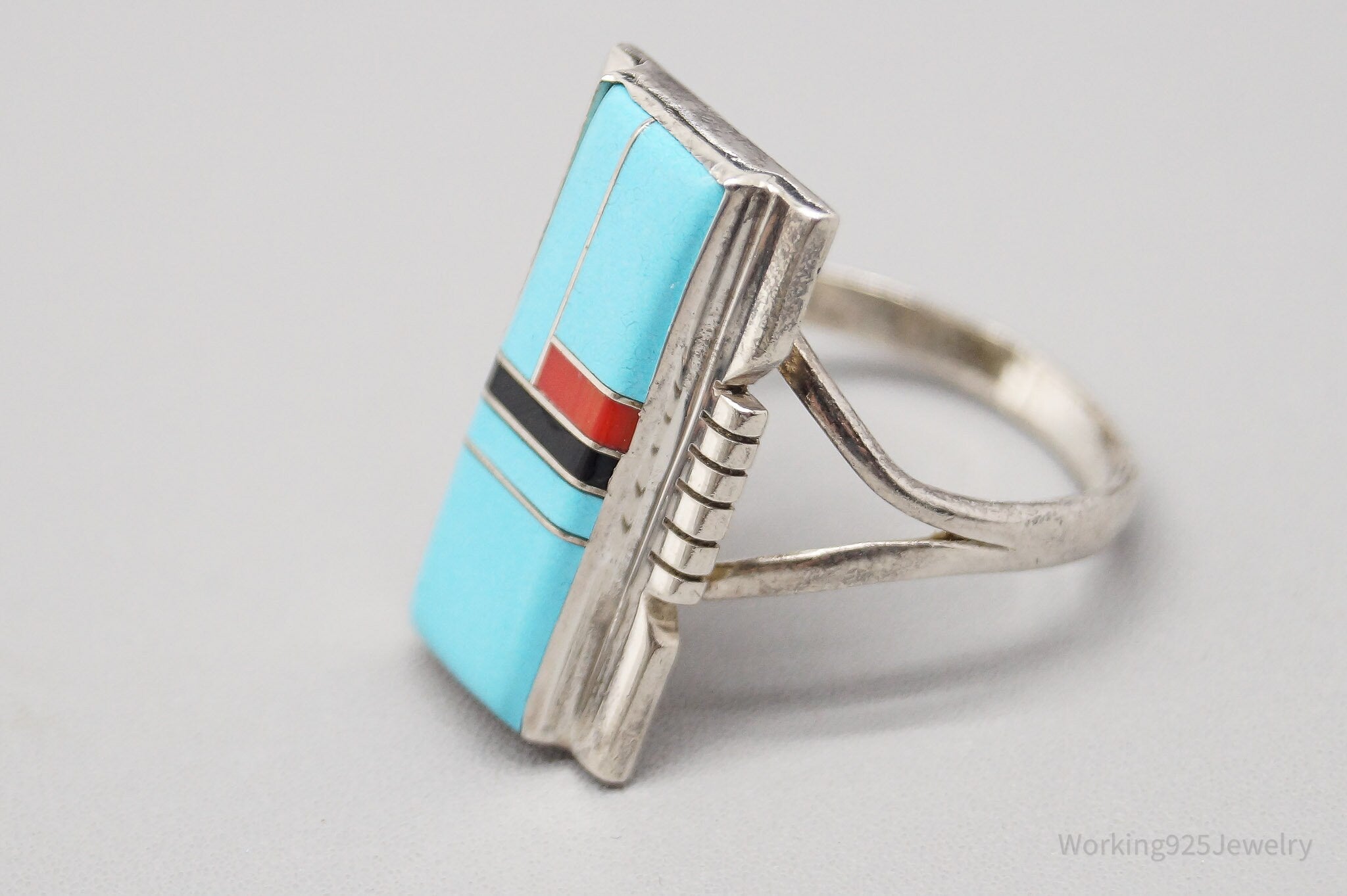 Vintage Native American Multi Gem Inlay Sterling Silver Ring - Size 9