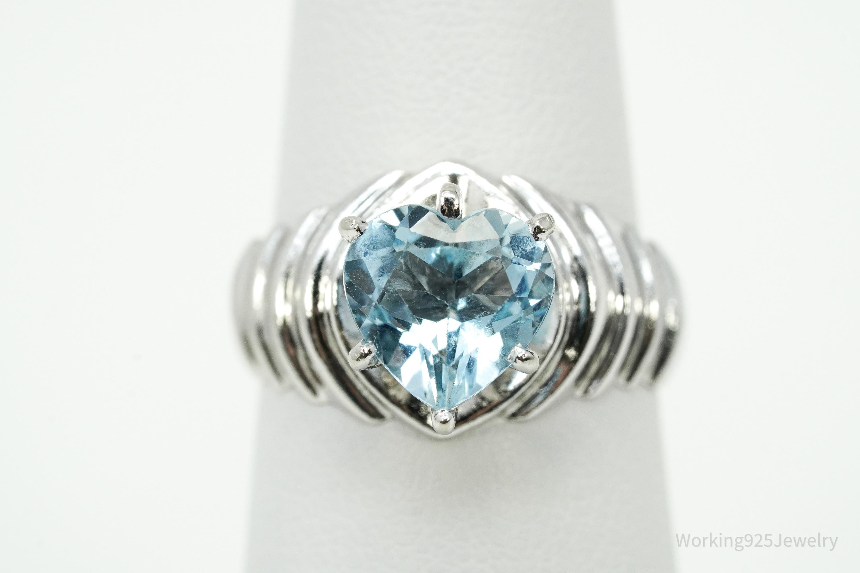 Vintage Blue Topaz Heart Sterling Silver Ring - Size 6.75