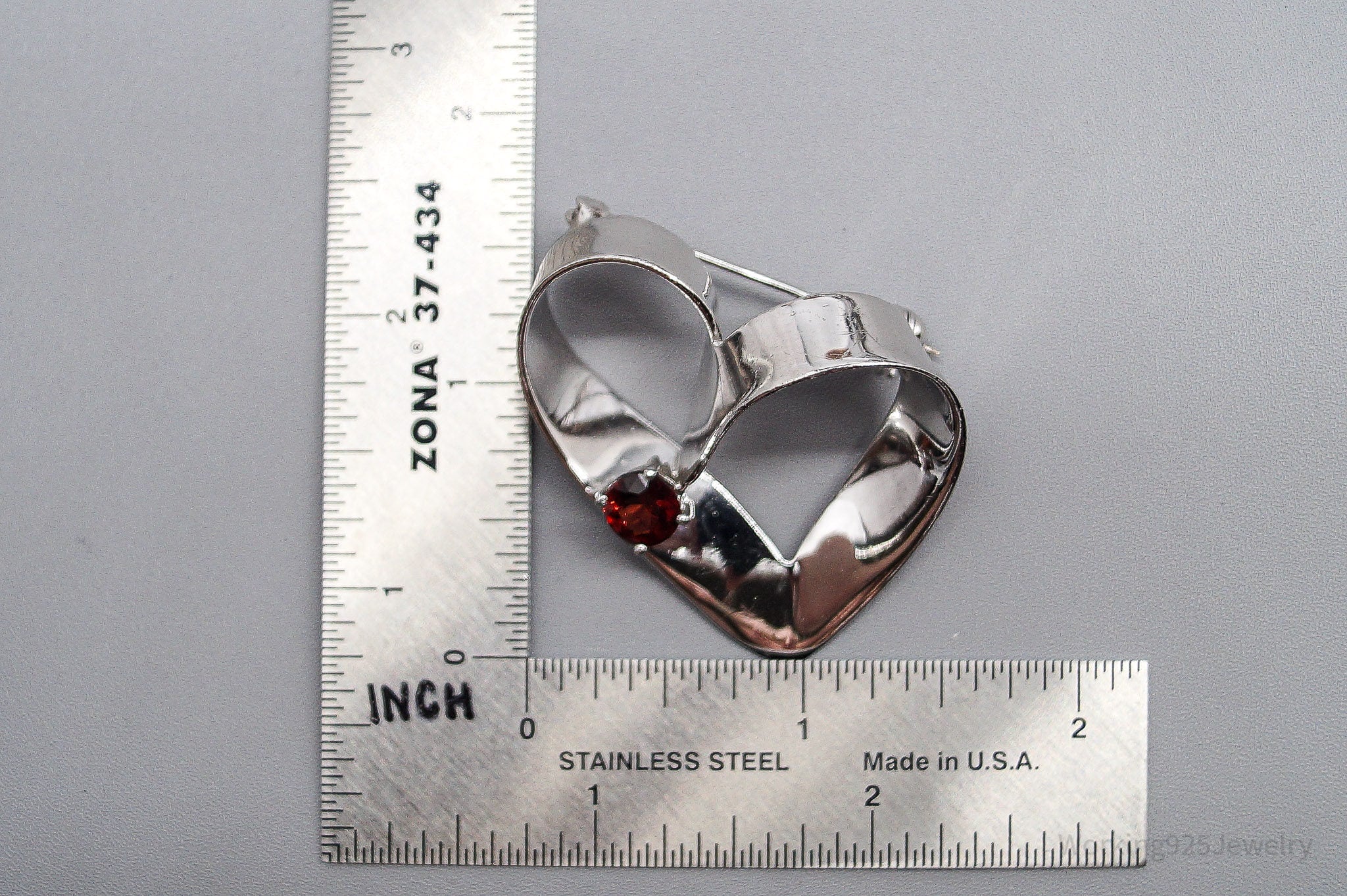 Large Vintage Garnet Heart Sterling Silver Brooch Pin