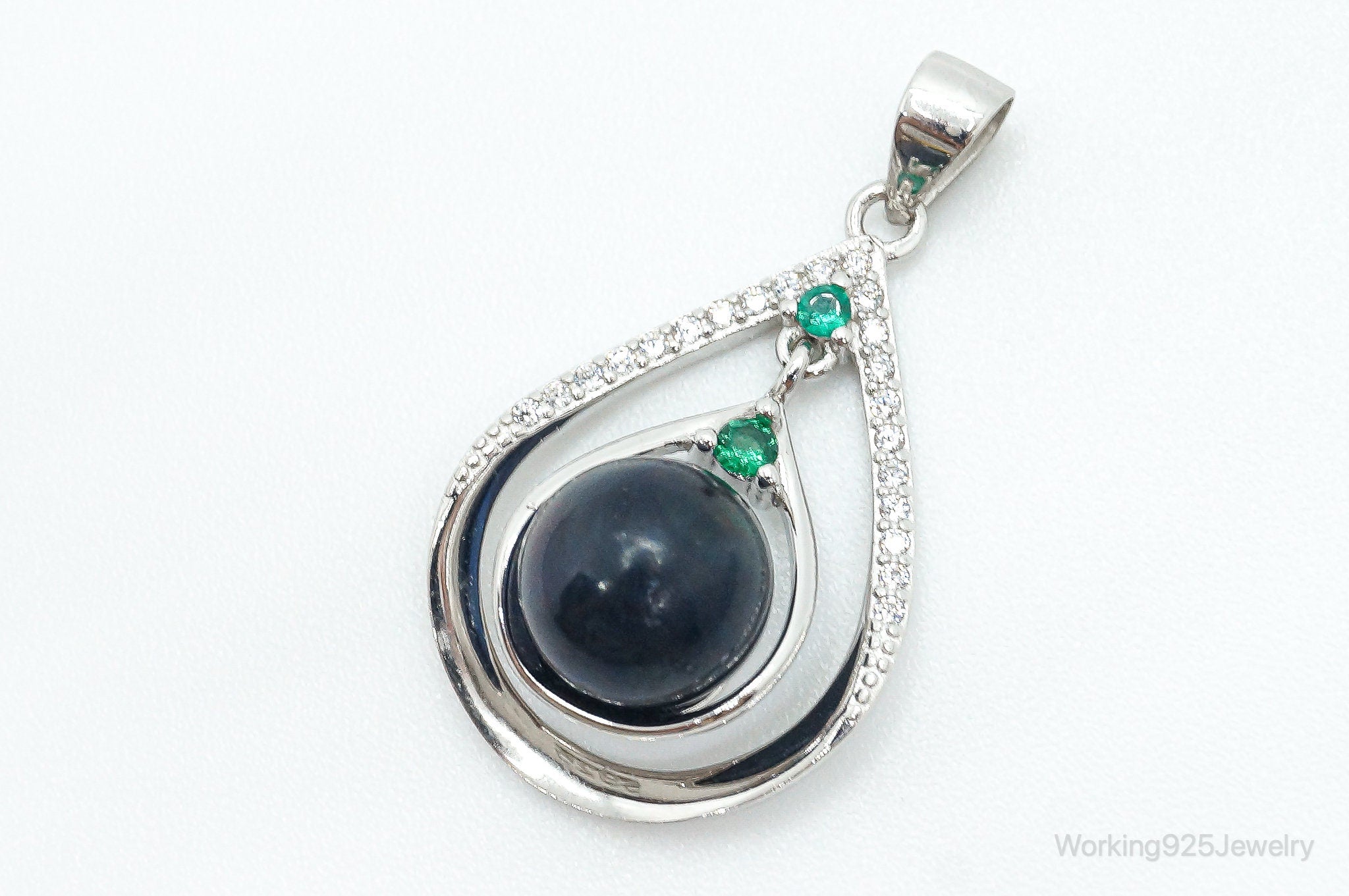 Vintage Tahitian Pearl Lab Emerald Cubic Zirconia Sterling Silver Pendant