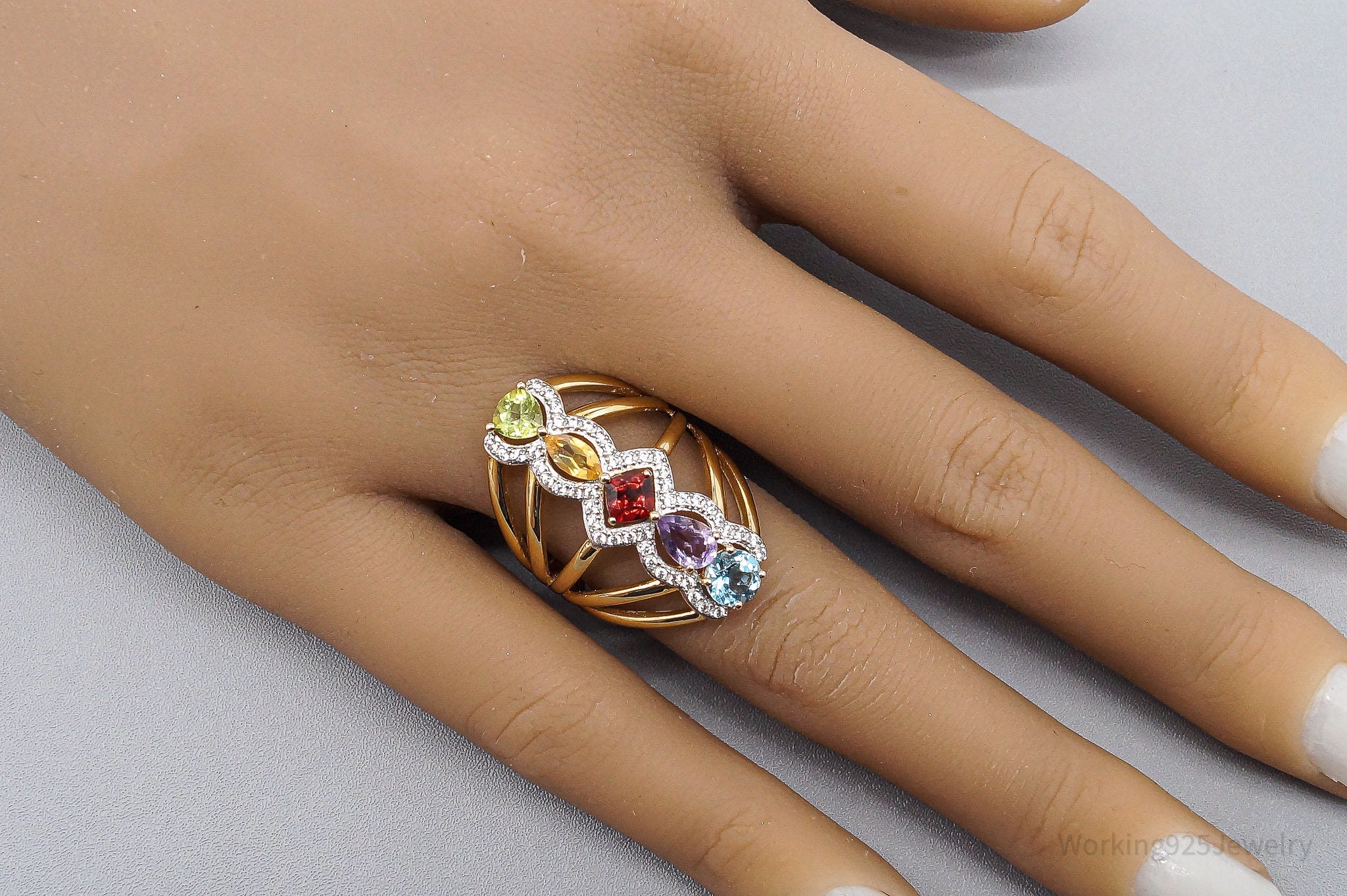 QVC Multi Gemstone 14K Yellow Gold Plated Sterling Silver Ring - Size 7