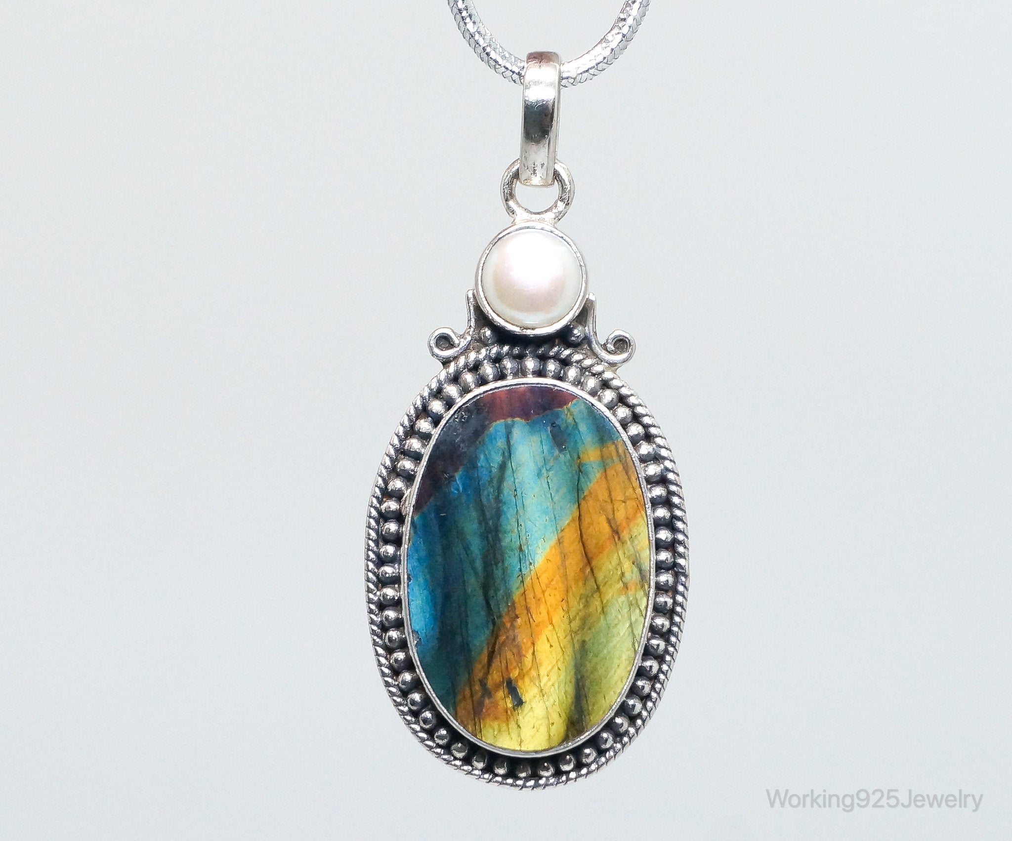 Vintage Large Labradorite Pearl Sterling Silver Necklace Pendant