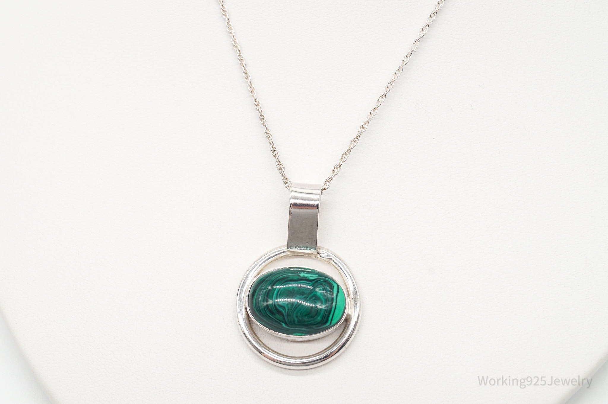 Vintage Mexico Large Malachite Modernist Sterling Silver Necklace