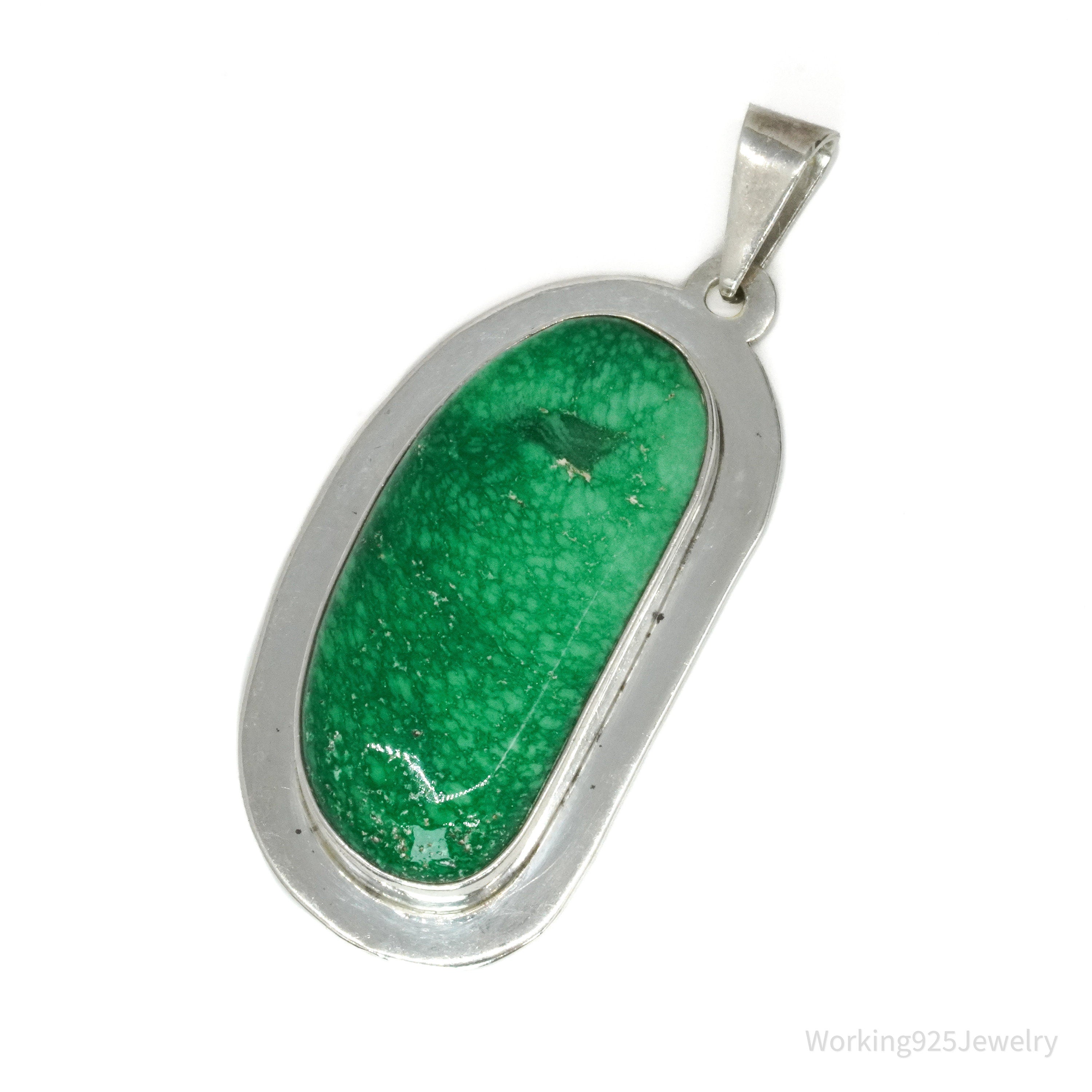 Vintage Large Mexico Modernist AIS Green Stone Sterling Silver Pendant 2 5/16"