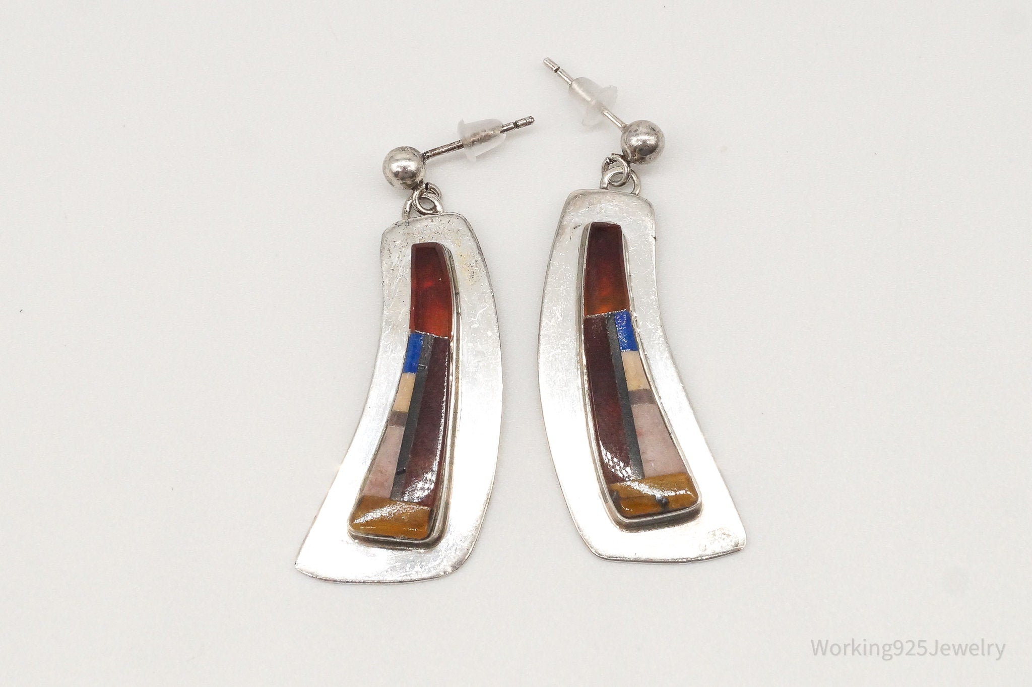 Vintage Native American Multi Gem Inlay Silver Earrings