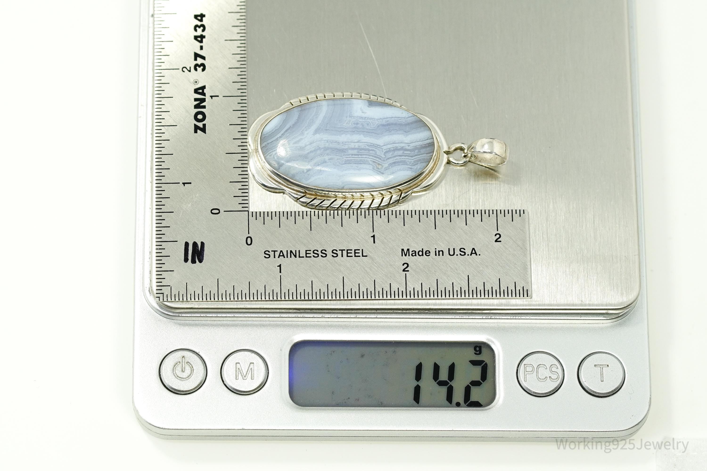 Large Vintage Blue Lace Agate Sterling Silver Pendant