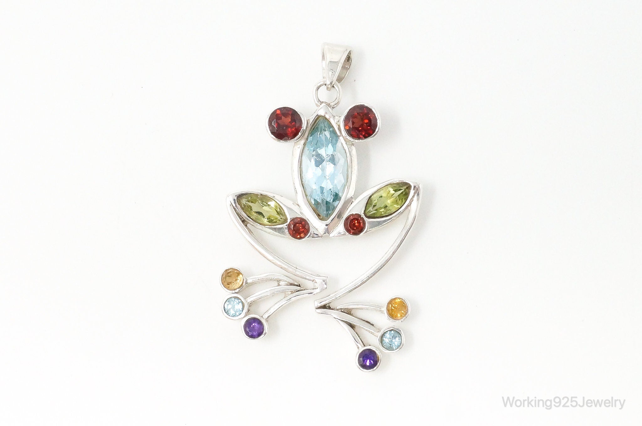 Vintage Multi Gem Tree Frog Sterling Silver Necklace Pendant