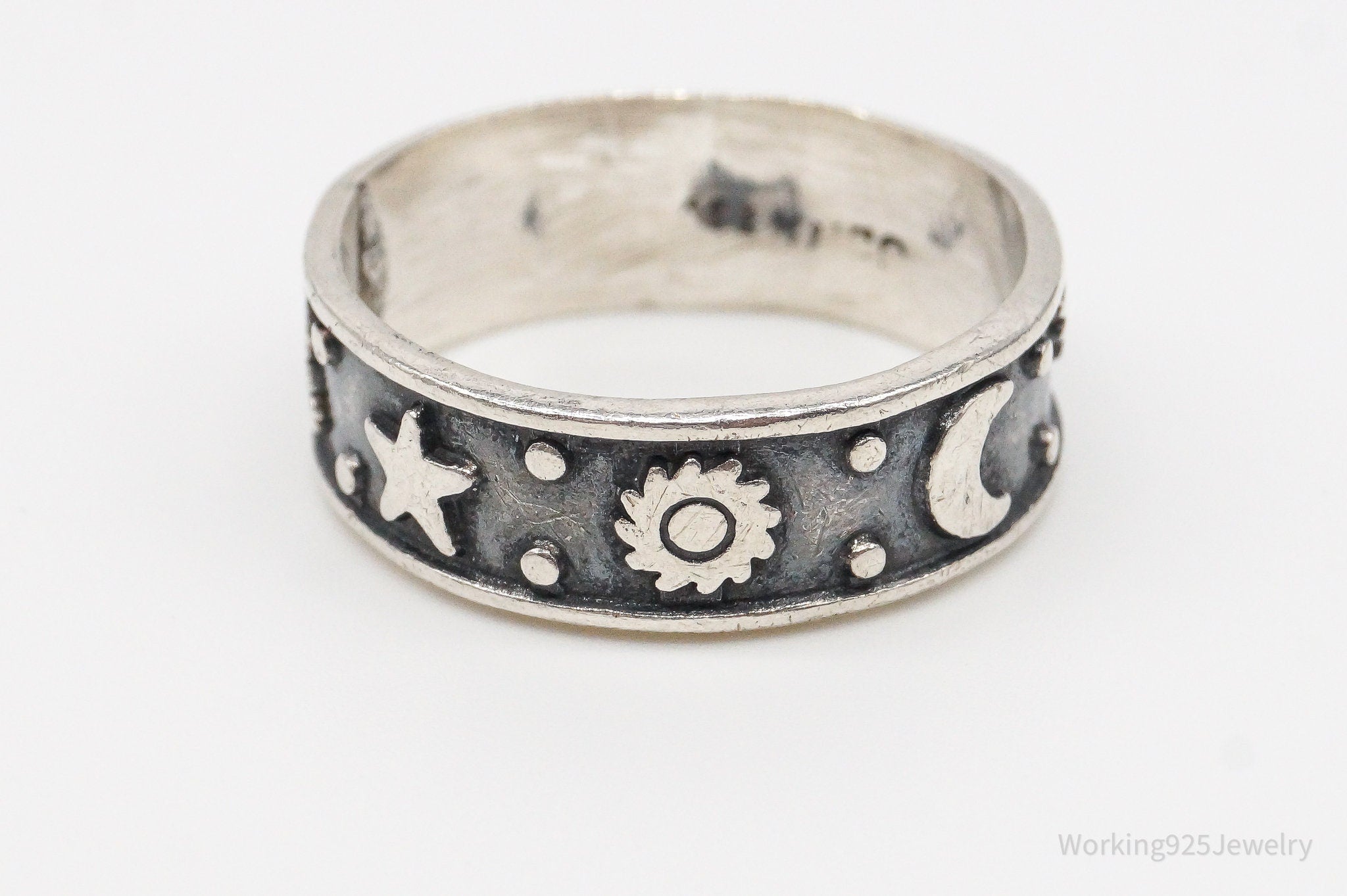 Vintage Star Moon Stars Oxidized Sterling Silver Band Ring - Size 11.25