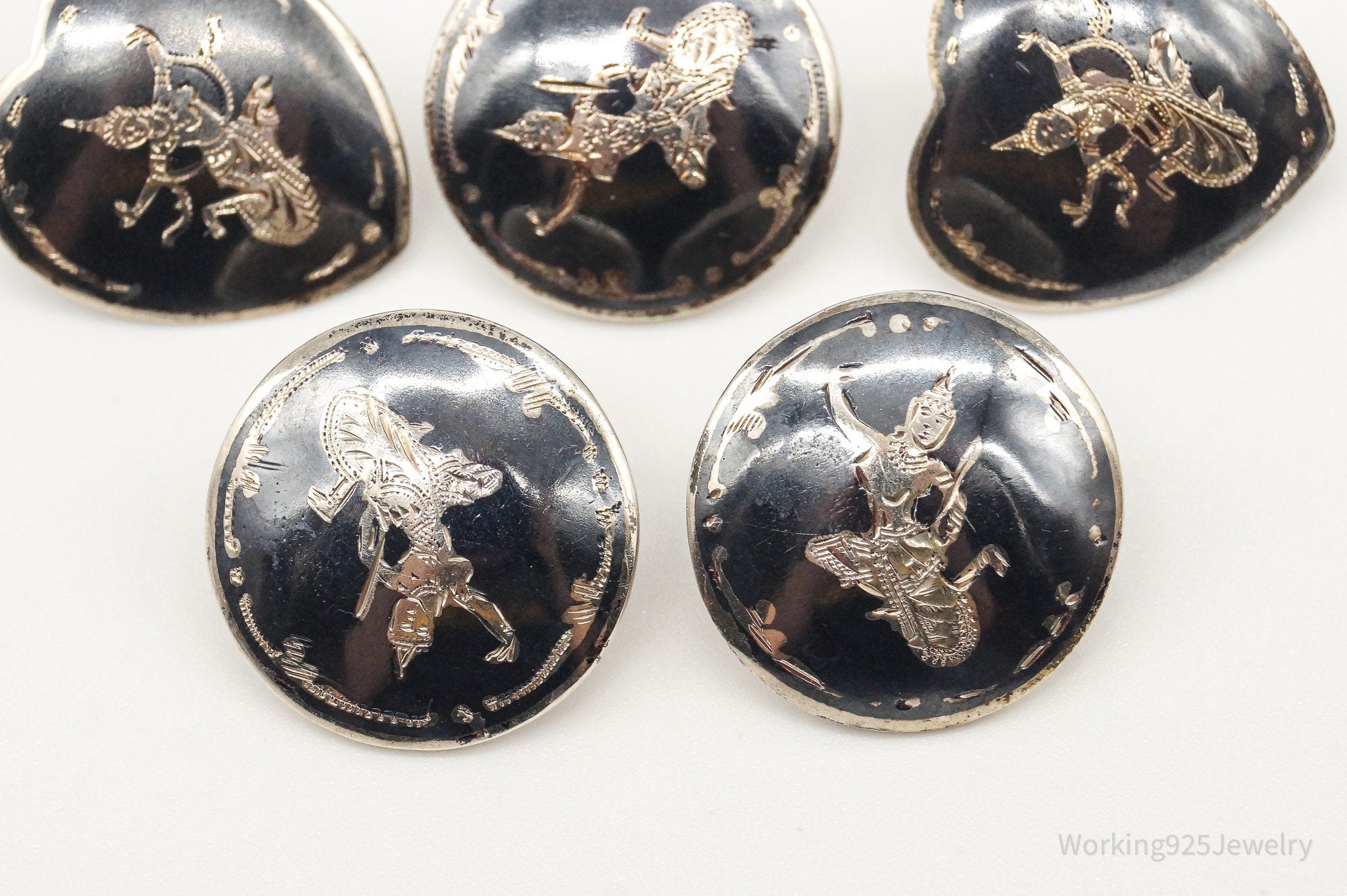 Vintage Siam Black Enamel Lightening Dancers Sterling Silver Buttons