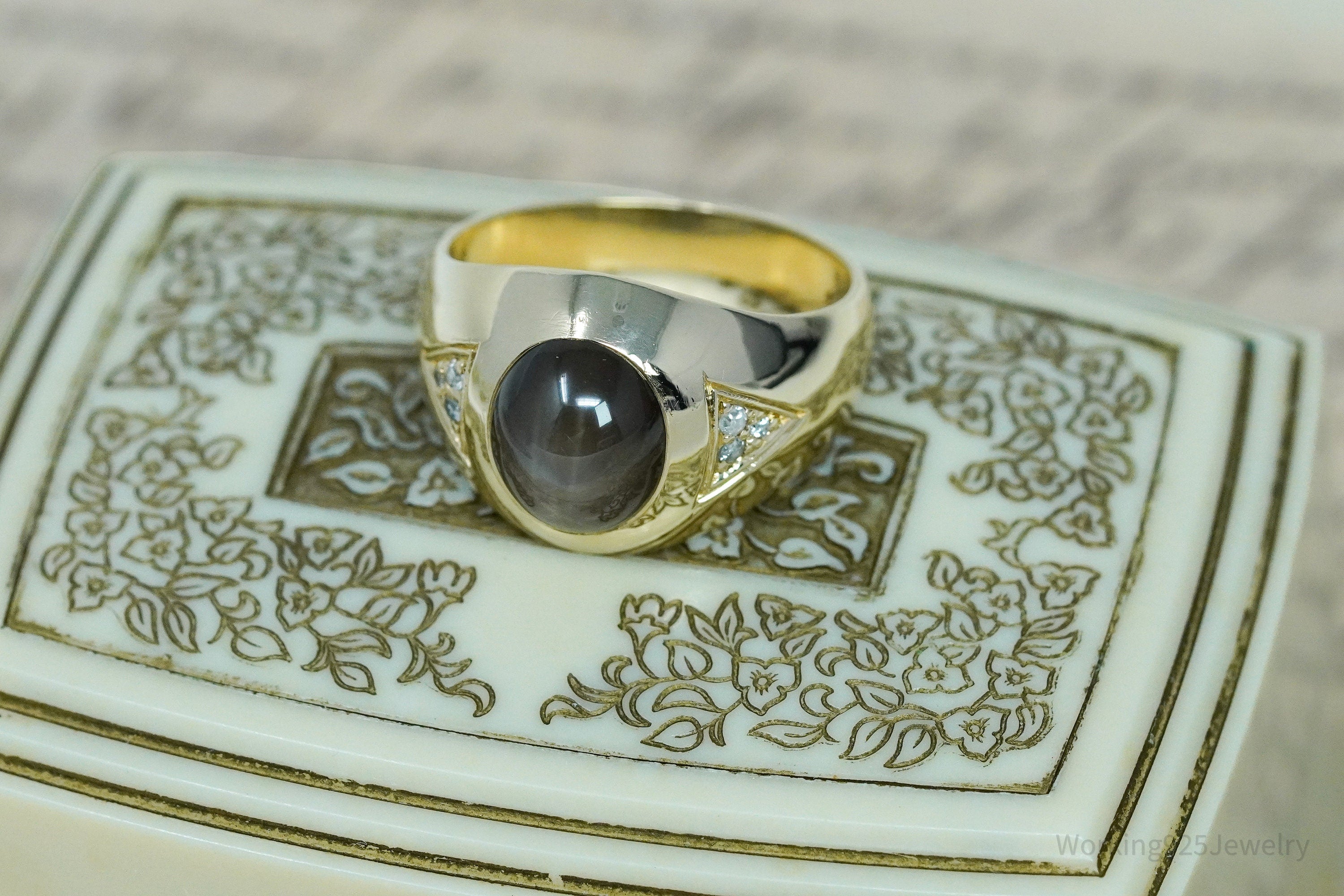 14K Yellow Gold, Synthetic Star Sapphire & Diamond Ring - Size 9.5