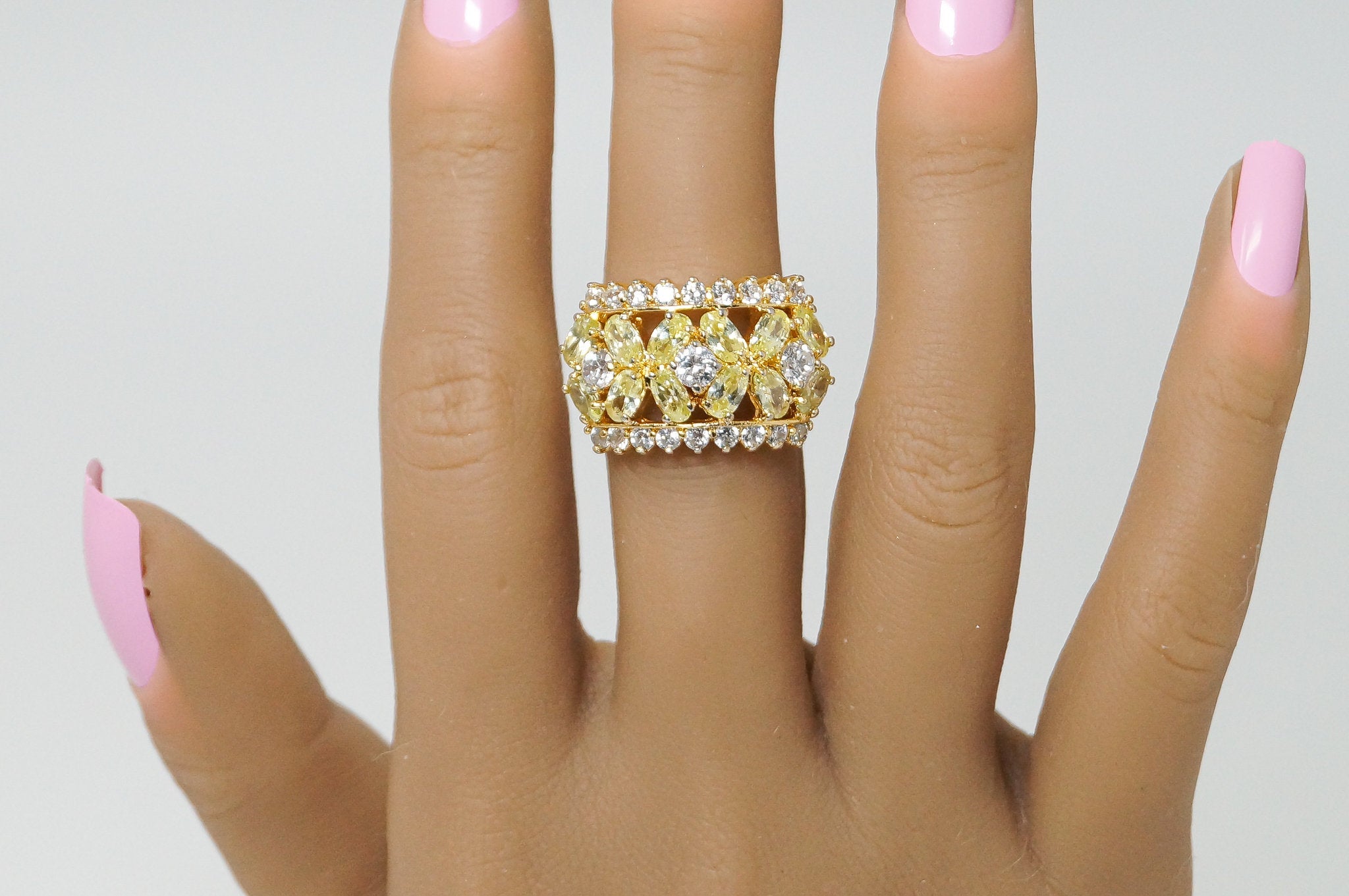 Vintage Designer Citrine Cz Gold Vermeil Statement Ring Sterling Silver -Sz 7.75