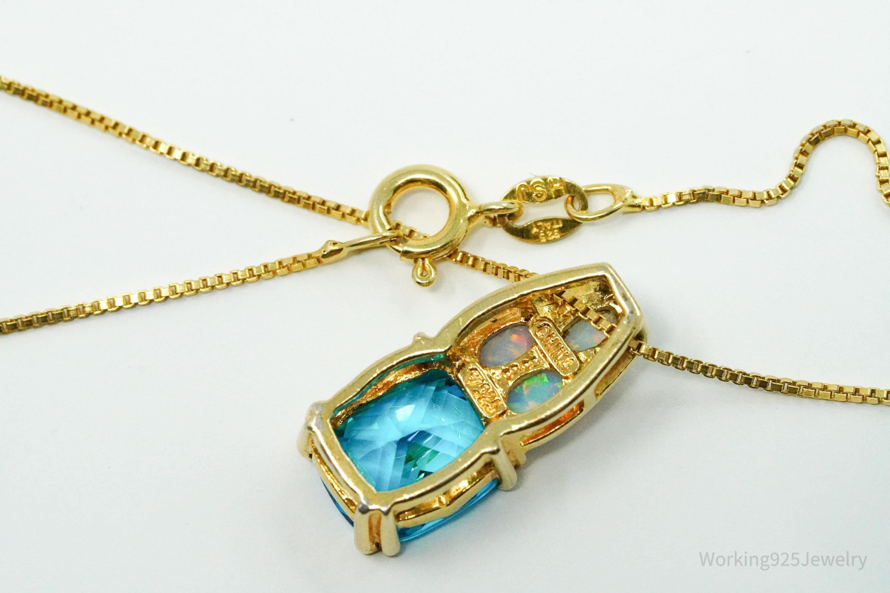 Vintage Blue Tourmaline & Opal Gold Vermeil Sterling Silver Necklace 16"