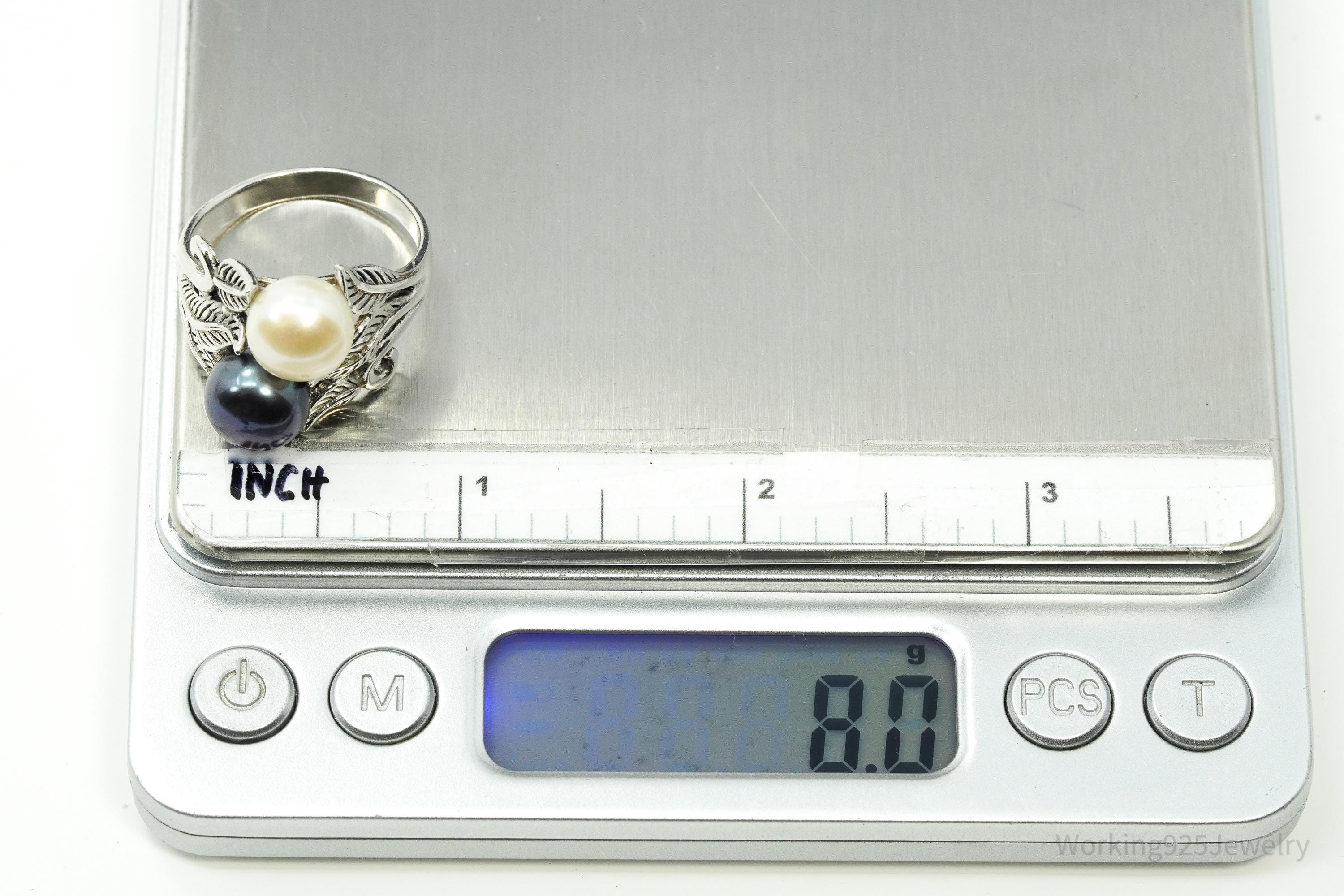 Vintage Designer CFJ White & Tahitian Pearl Sterling Silver Ring Size 10.75