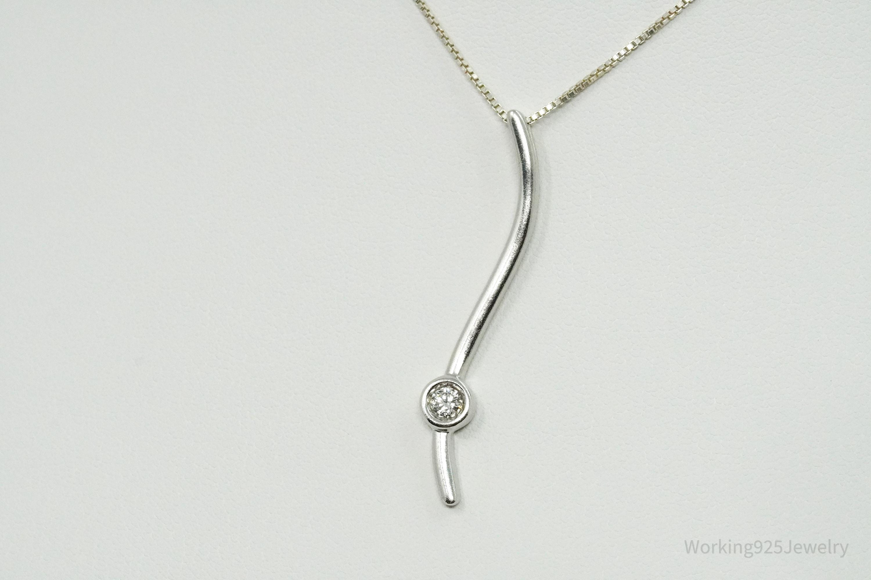 Solitaire Linear Ribbon Diamond Sterling Silver Necklace 16"