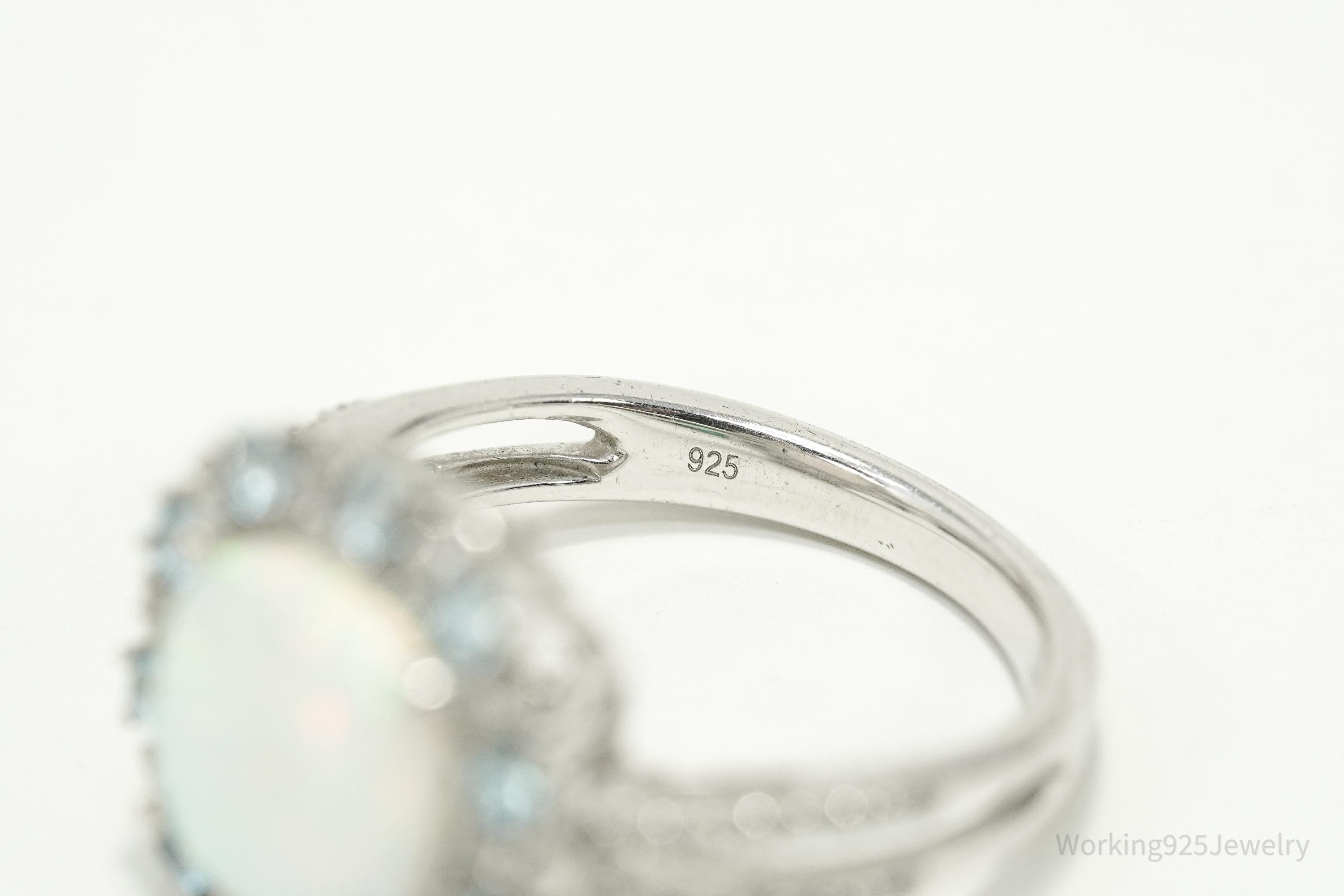 Vintage JWBR Sterling Silver Ring • Opal, Blue Topaz & CZ Cluster Size 7