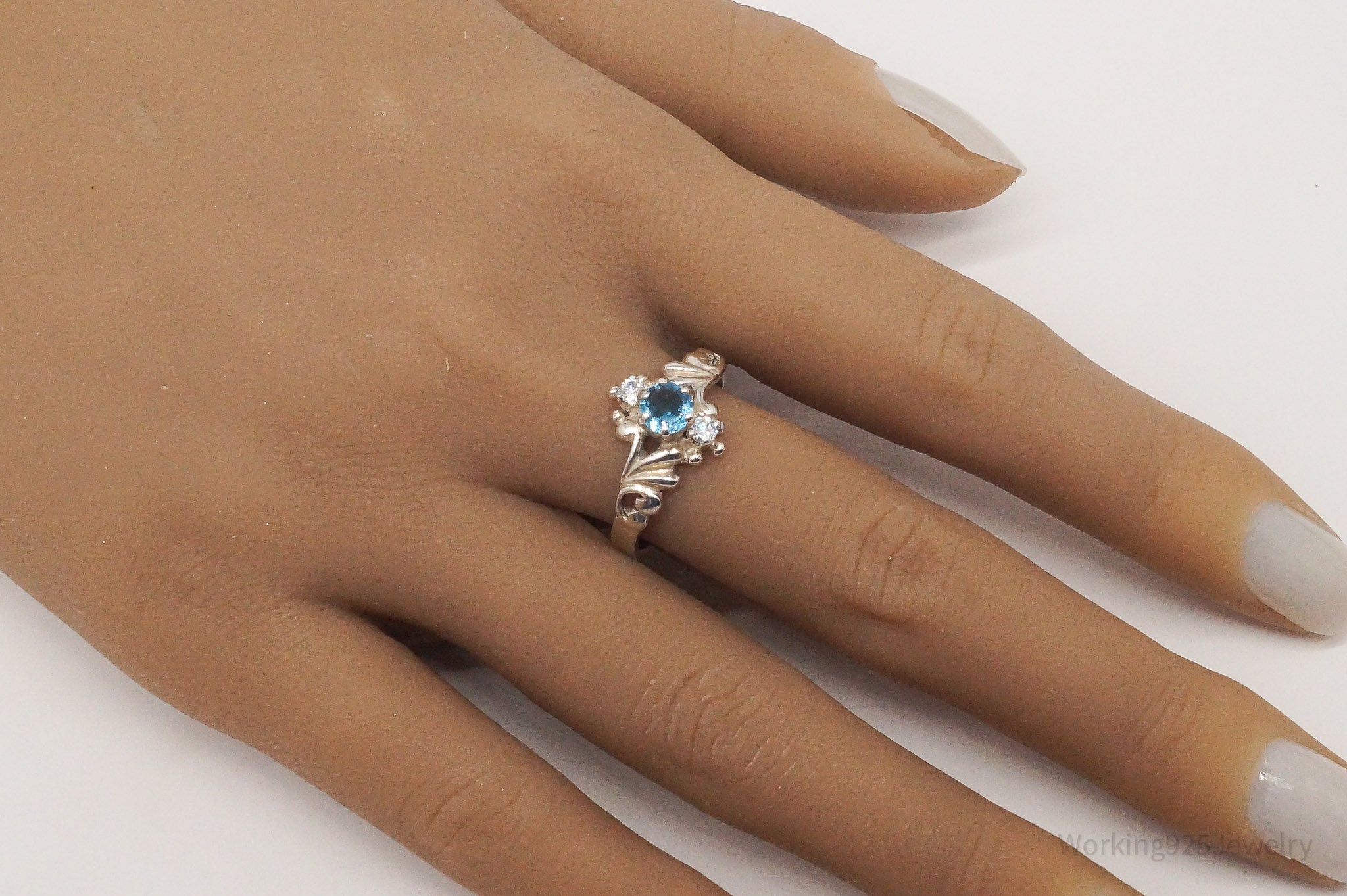 Vintage Blue Topaz Cubic Zirconia Sterling Silver Ring - Size 9