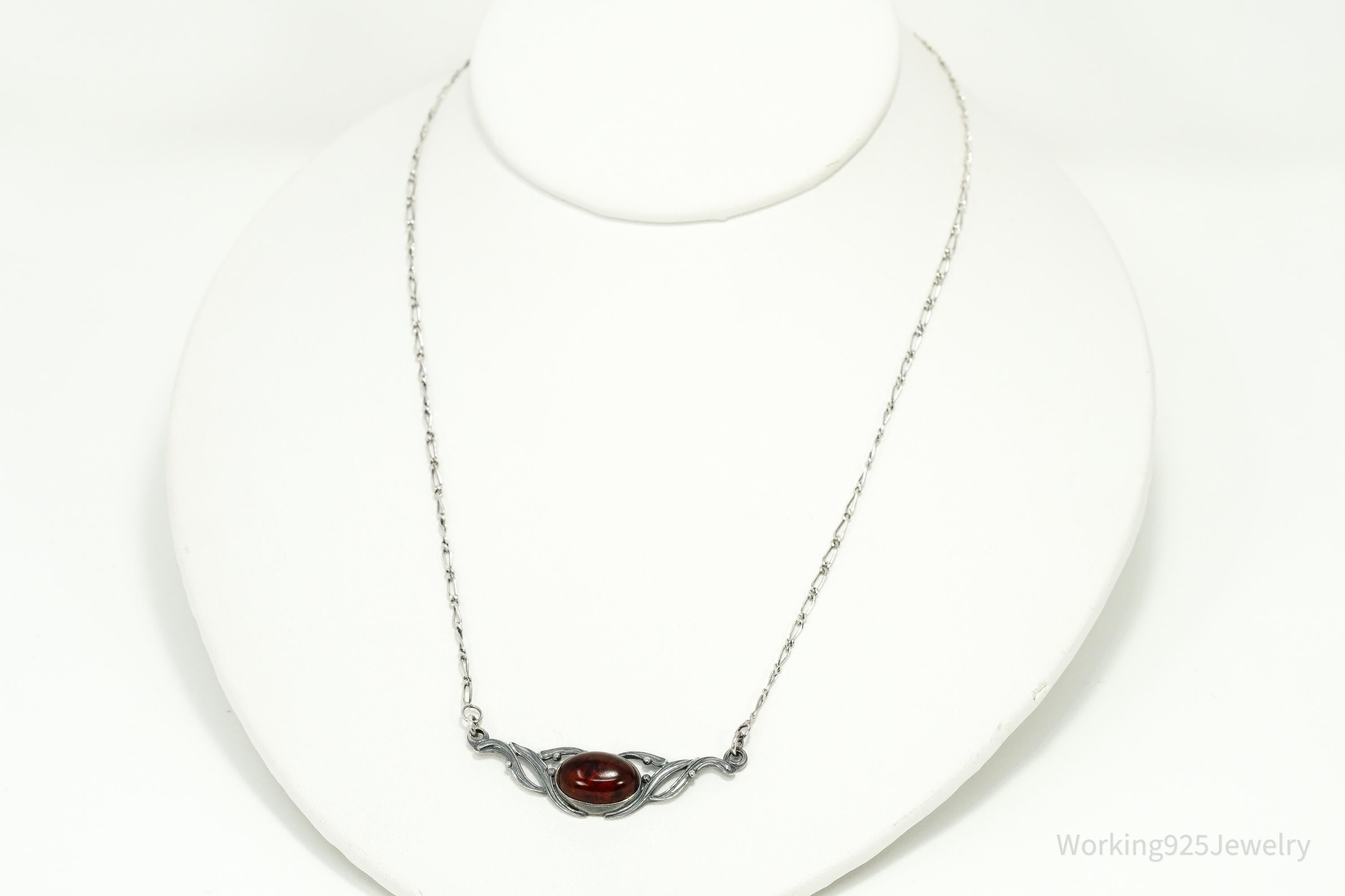 Vintage Amber Sterling Silver Necklace 16"