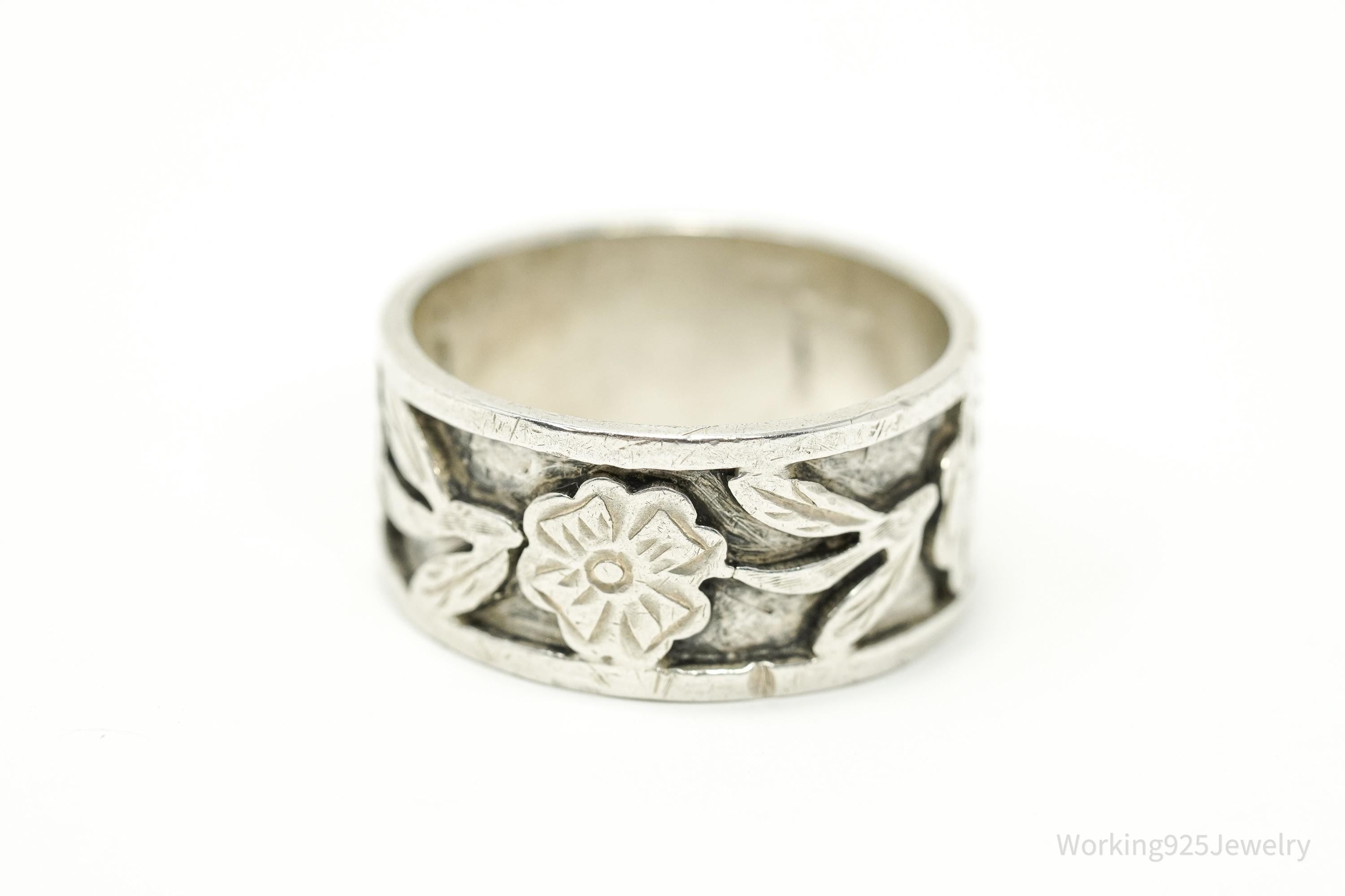 Vintage Mexico Flower Pattern Sterling Silver Ring - Size 12