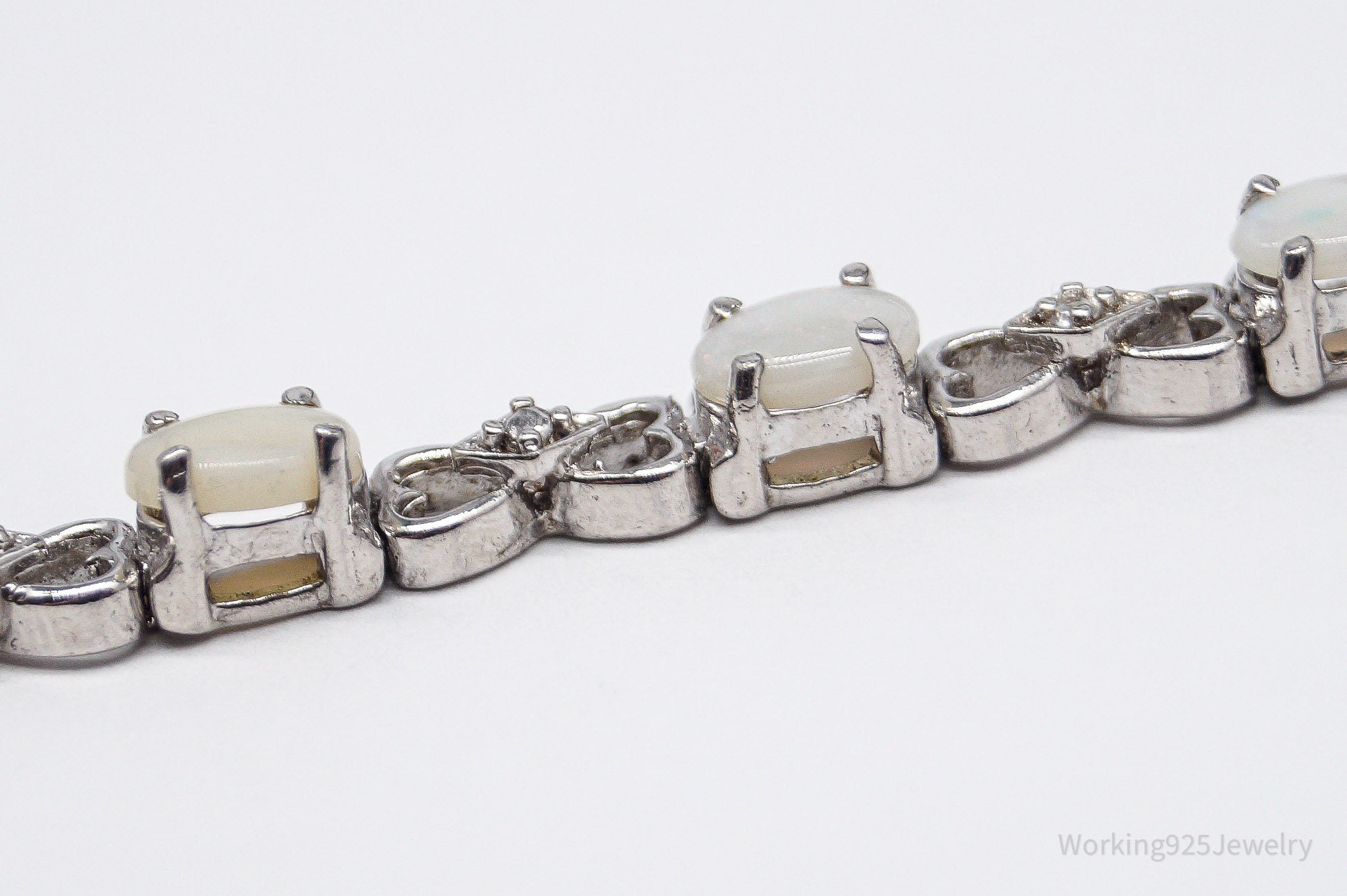 Vintage Opal & 3 Diamonds Sterling Silver Bracelet - 7 7/16"