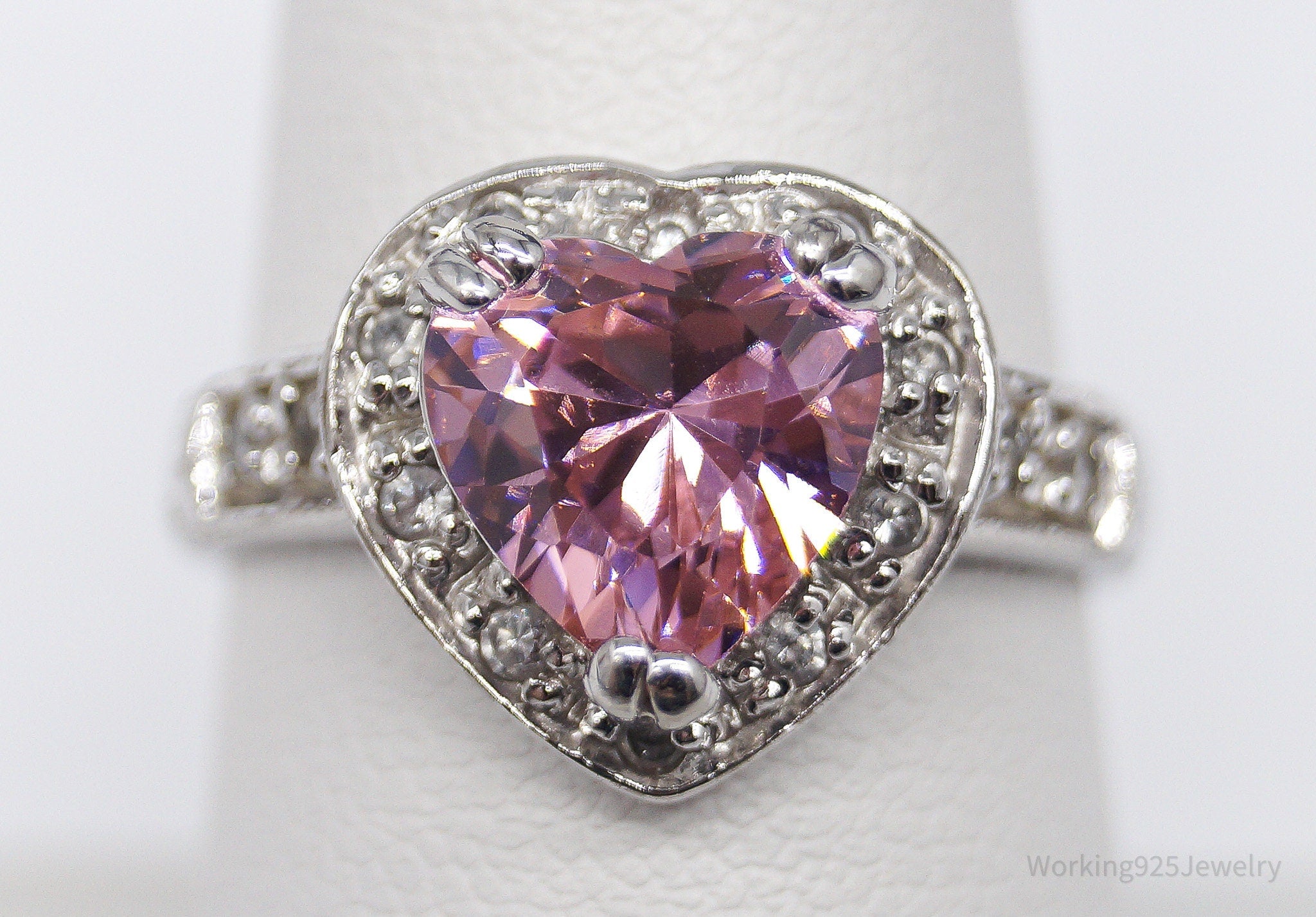 Vintage Pink & White Cubic Zirconia Rhodium Over Sterling Silver Ring - Size 8