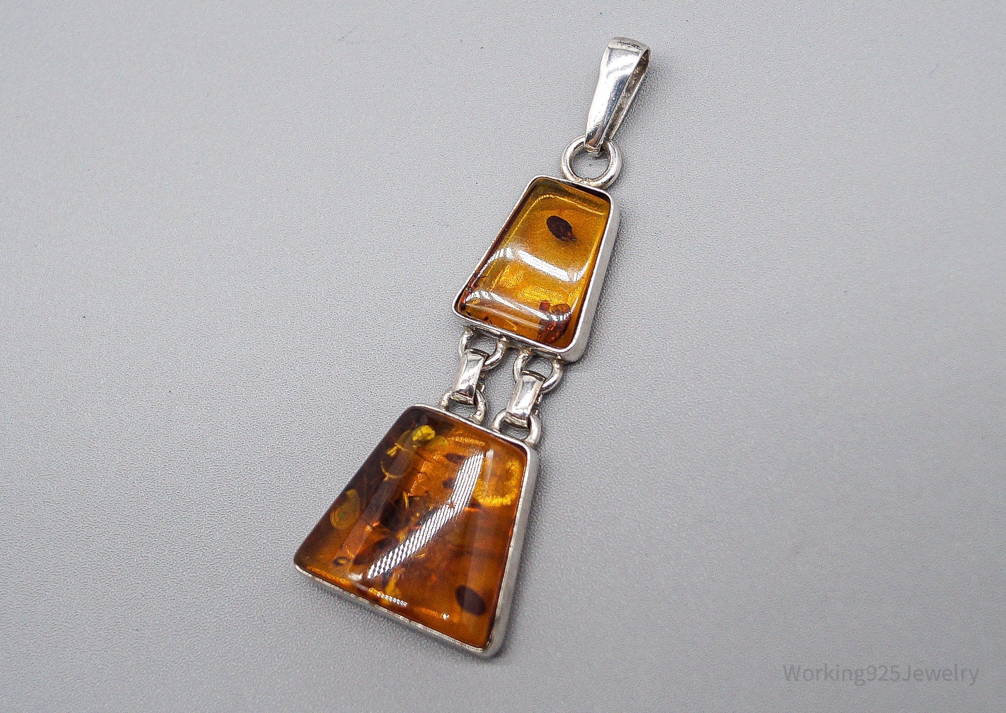 Large Vintage Amber Silver Necklace Pendant