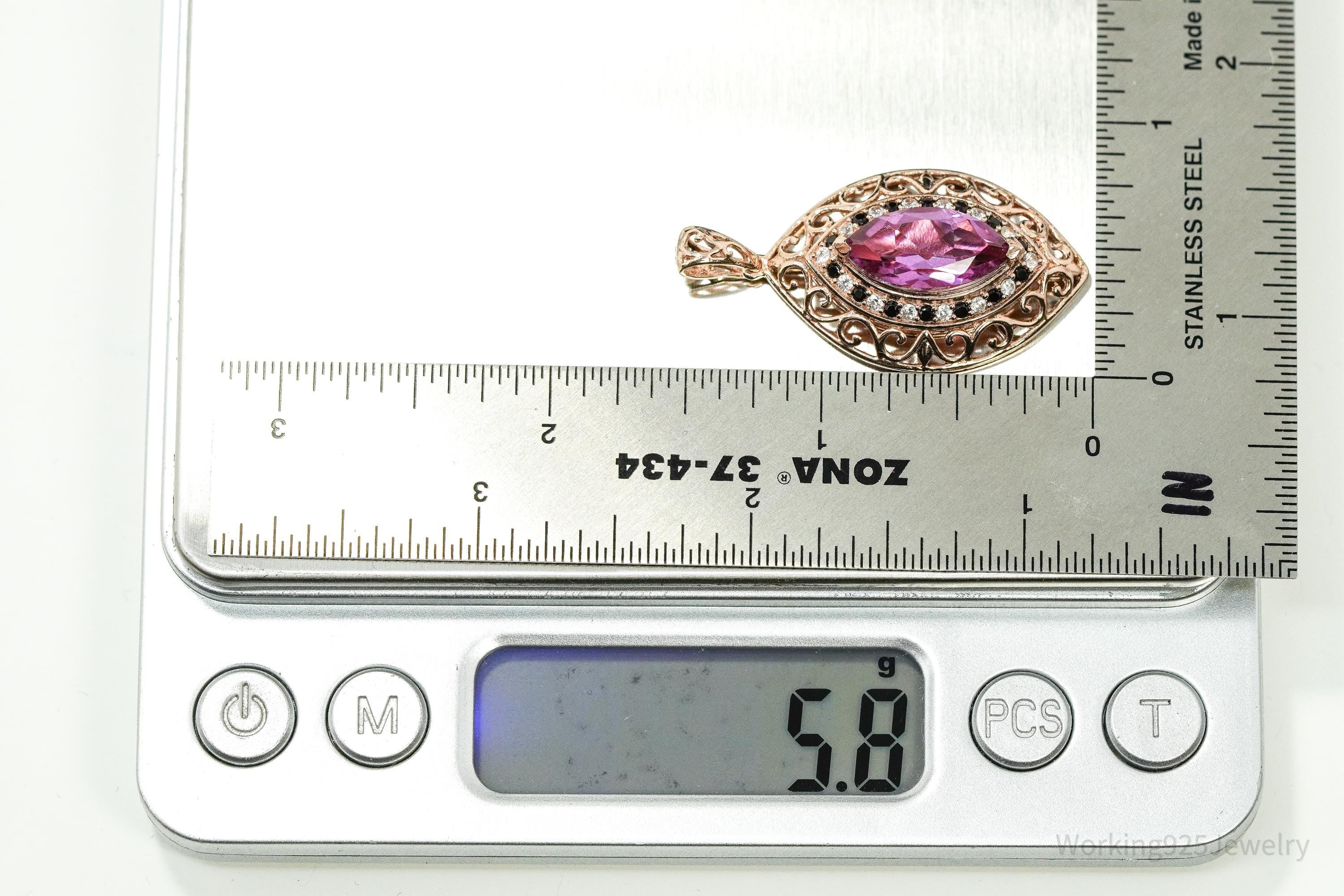 Pink Topaz Black Spinel Cubic Zirconia Rose Gold Vermeil Sterling Silver Necklace Pendant