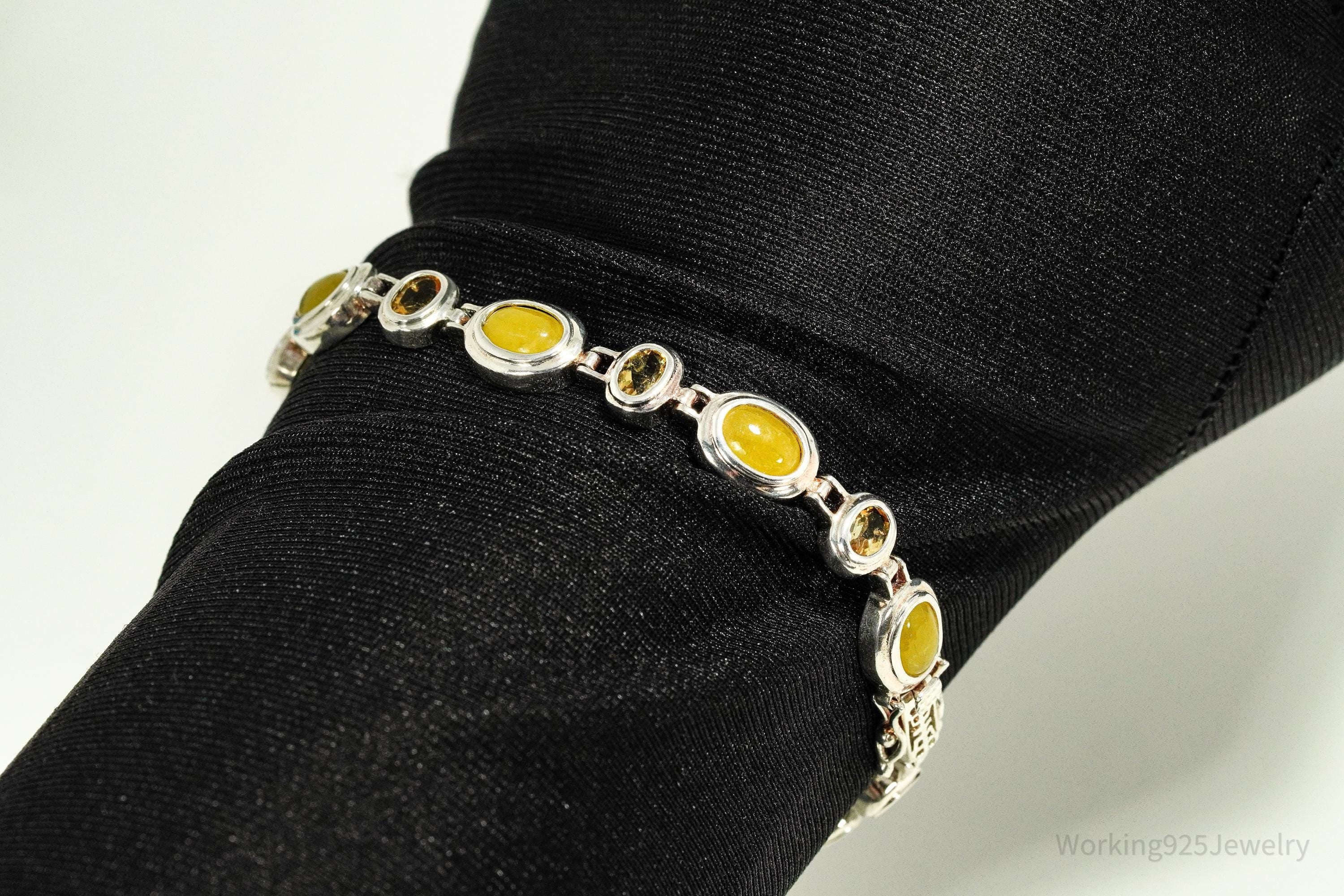 Vintage Yellow Jade & Citrine Sterling Silver Bracelet 7 7/8"