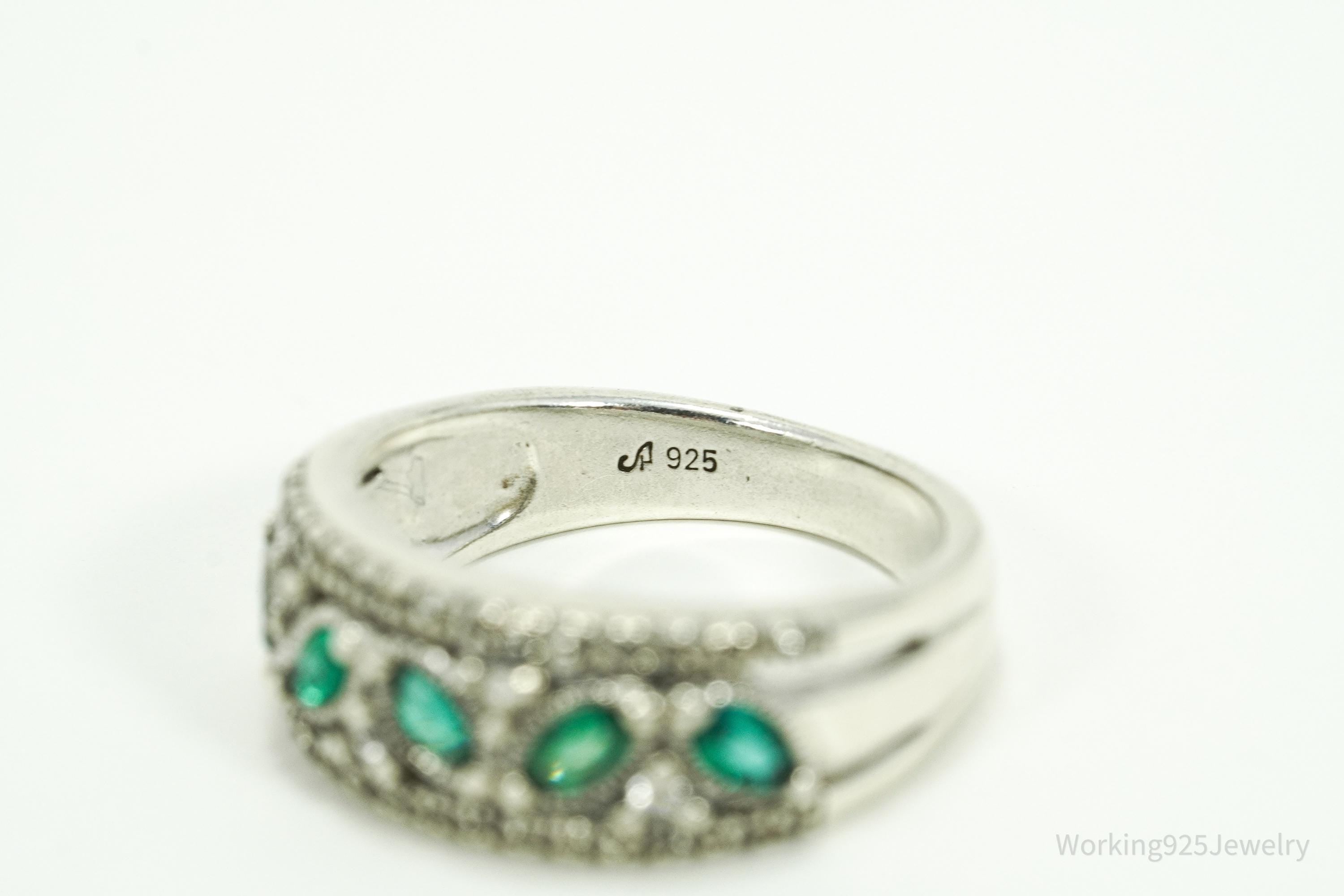 Vintage Emerald & White Sapphire Sterling Silver Ring - Size 6