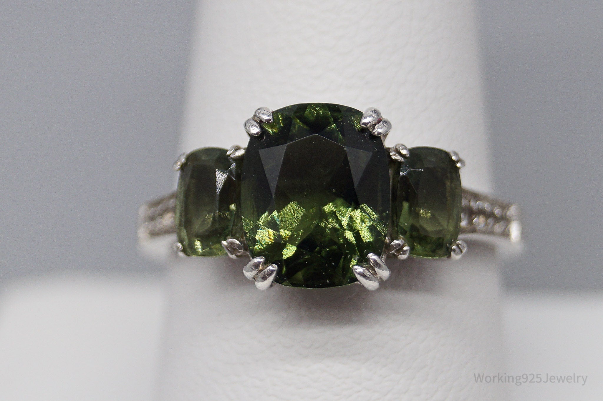Vintage JTV's Green Moldavite & White Zircon Sterling Silver Ring - Size 9