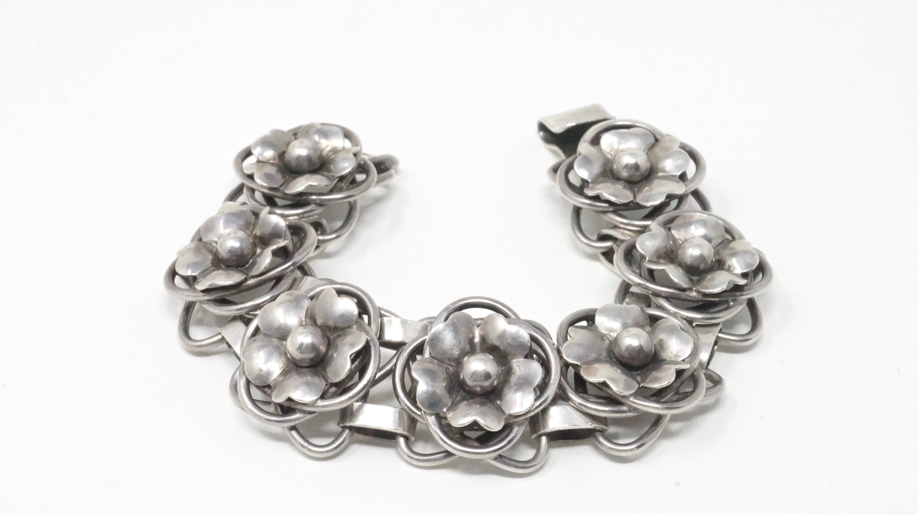 Vintage Modernist Designer Georg Jensen Flower Panel Sterling Silver Bracelet