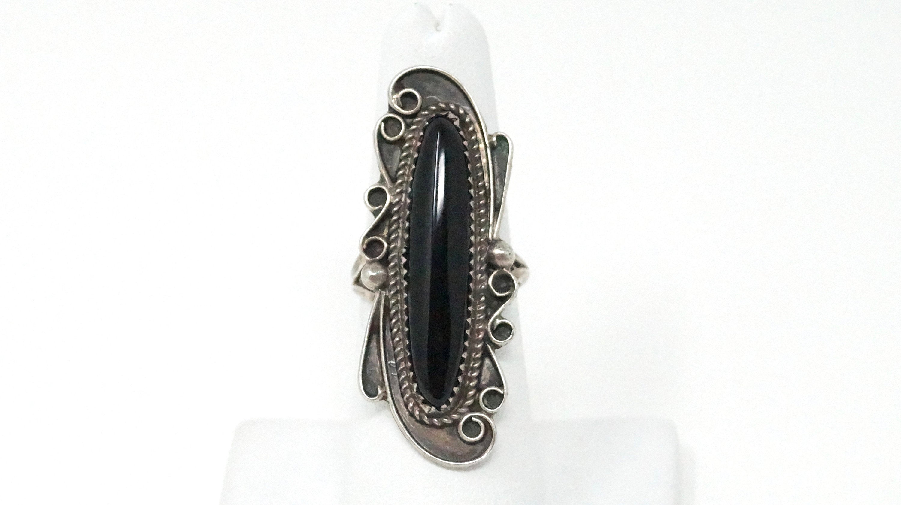 Vintage Native American Signed Yazzie Black Onyx Sterling Silver Ring Size 6.75