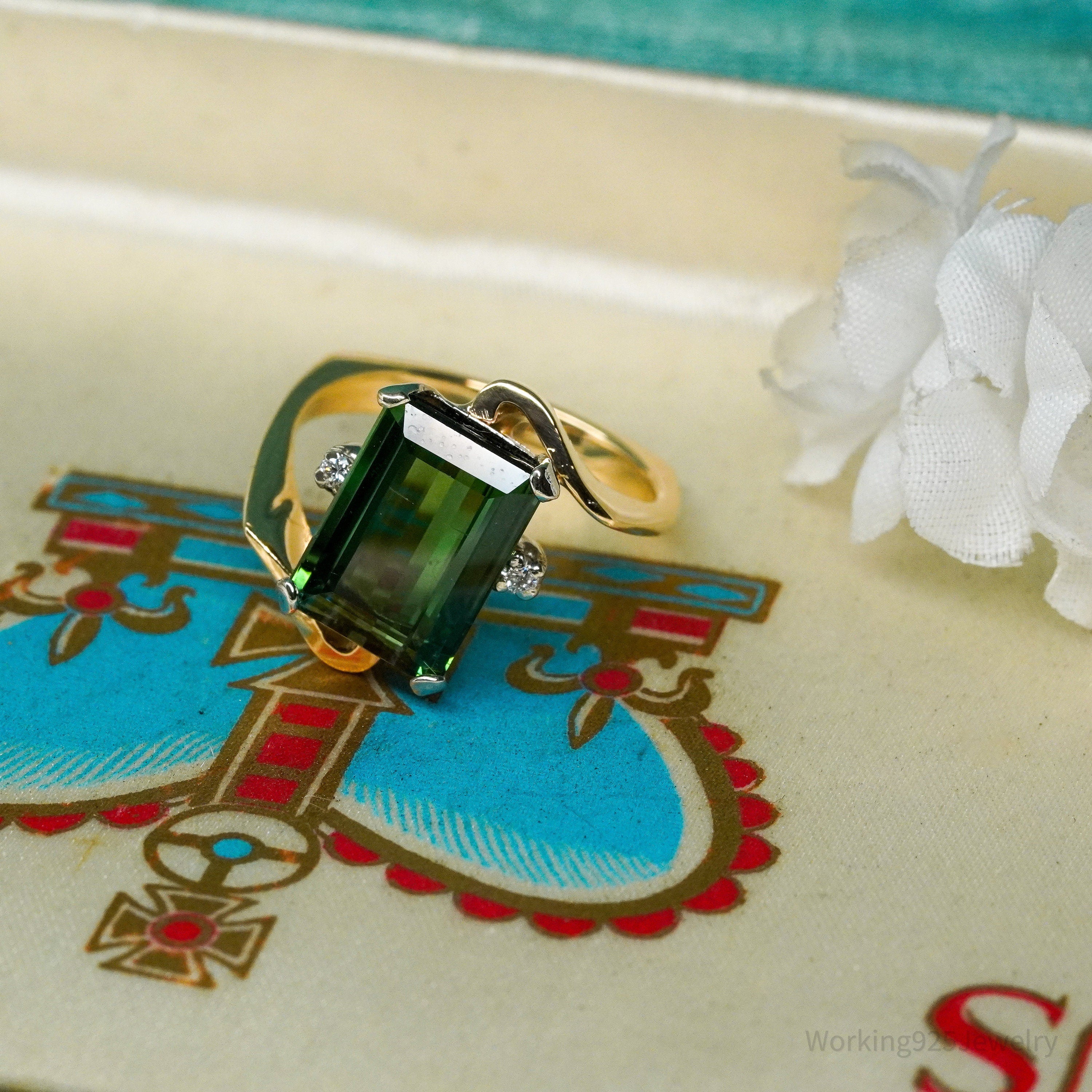 14K Yellow Gold, Green Tourmaline, And Diamond Ring - Size 7.25