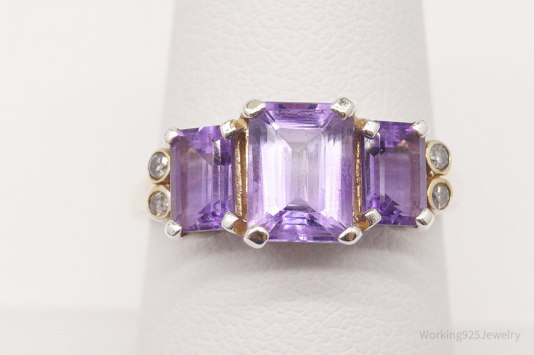 Vintage Amethyst Diamond Sterling Silver Ring - Size 7.75