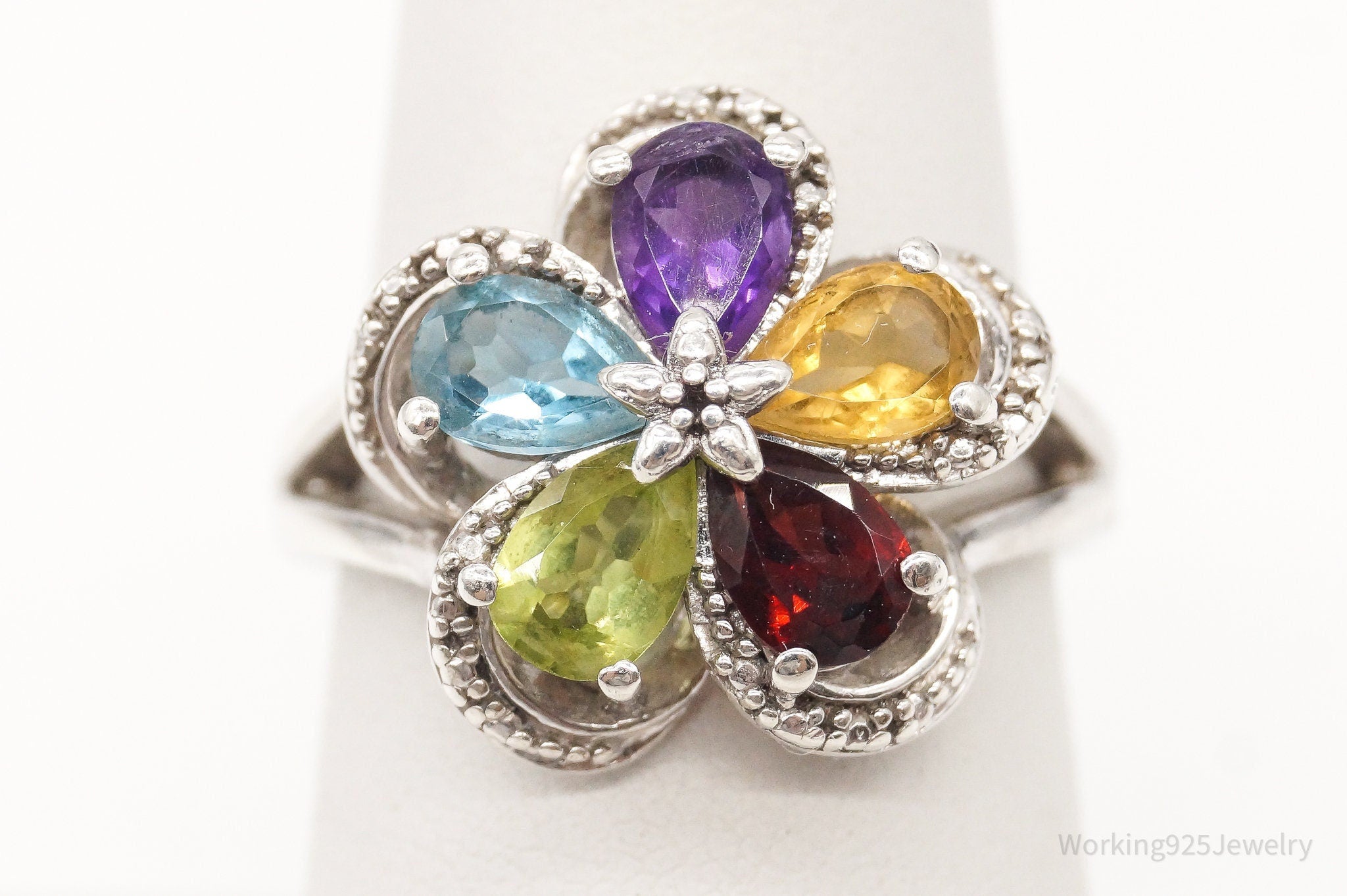 Vintage Multi Gemstone Flower Sterling Silver Ring - Size 6.75