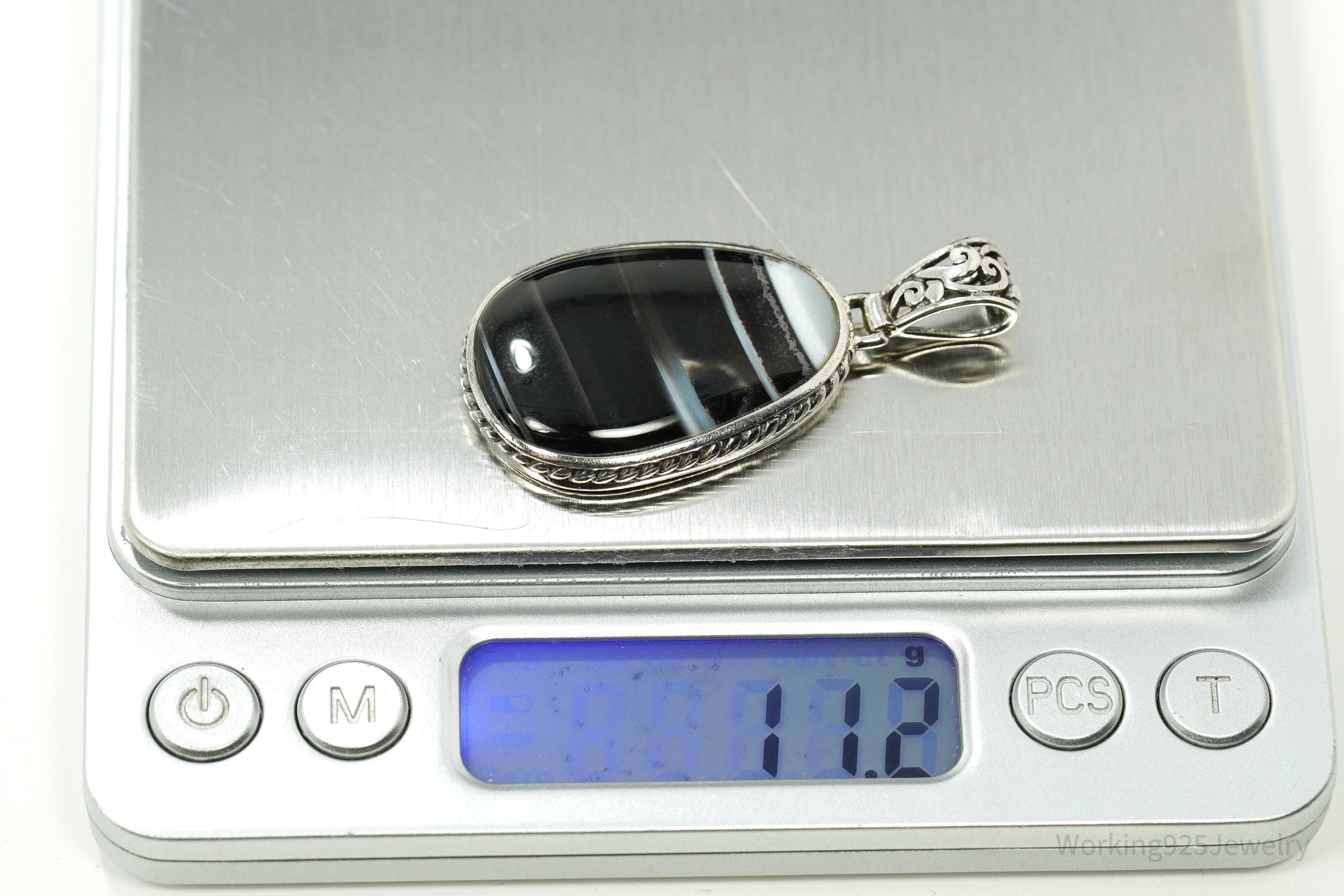 Vintage Large Black Lace Agate Sterling Silver Pendant