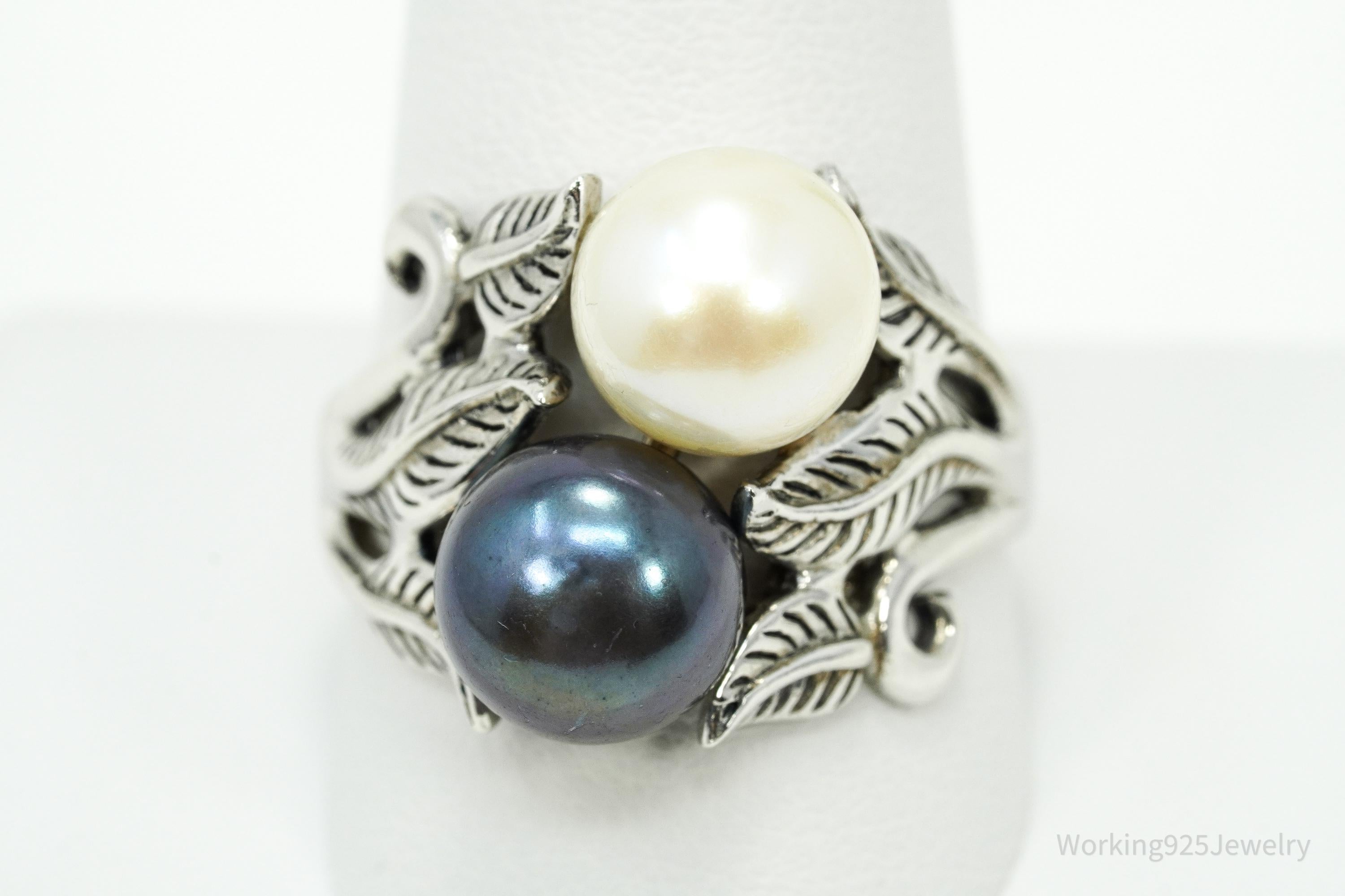 Vintage Designer CFJ White & Tahitian Pearl Sterling Silver Ring Size 10.75