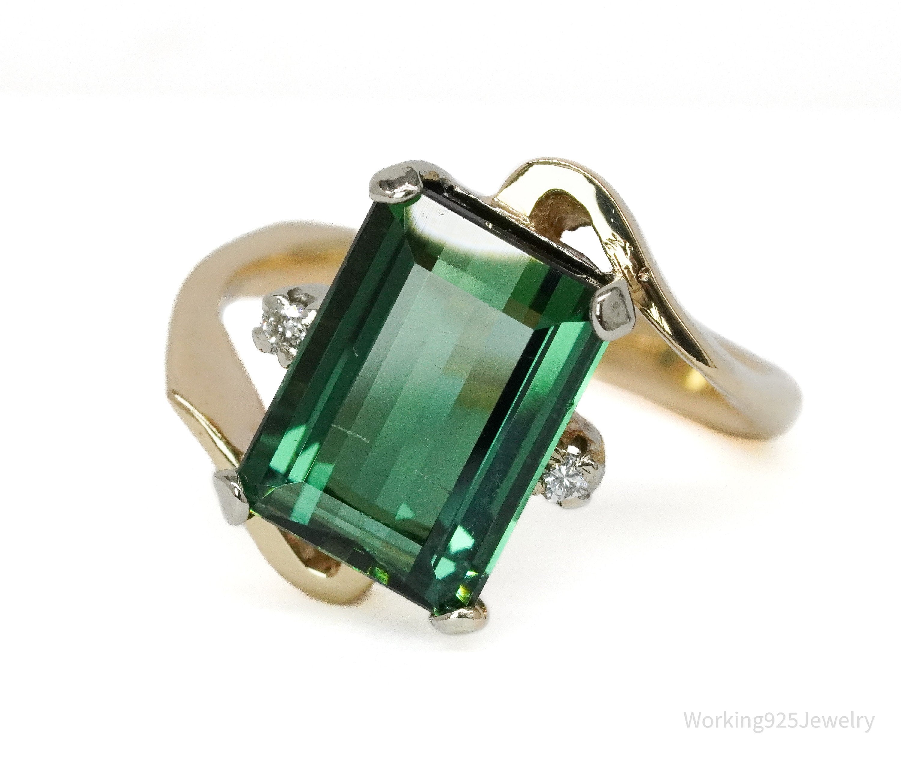 14K Yellow Gold, Green Tourmaline, And Diamond Ring - Size 7.25
