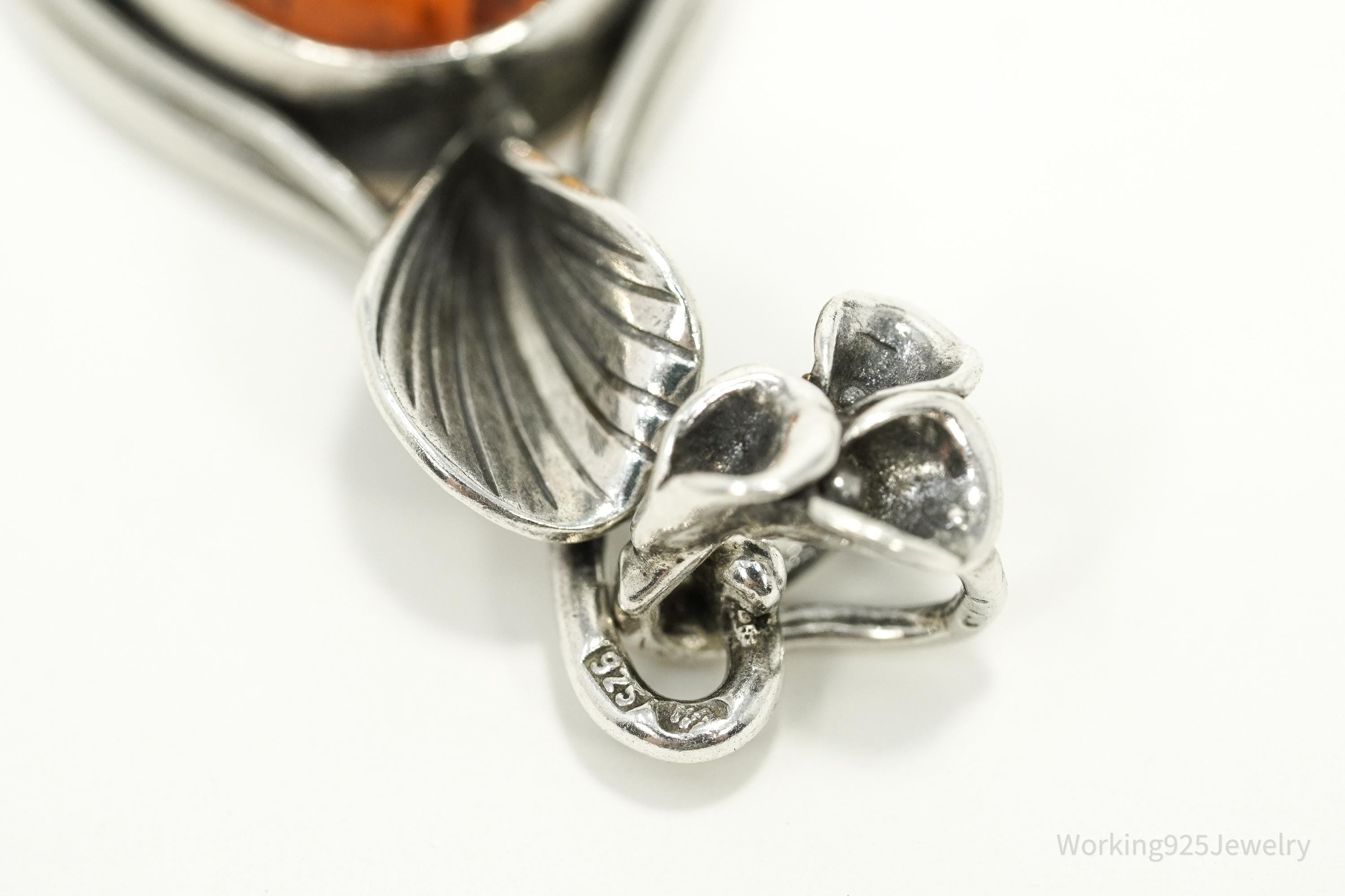 Vintage Sterling Silver Amber Pendant • Oval Cognac Baltic Gemstone Jewelry