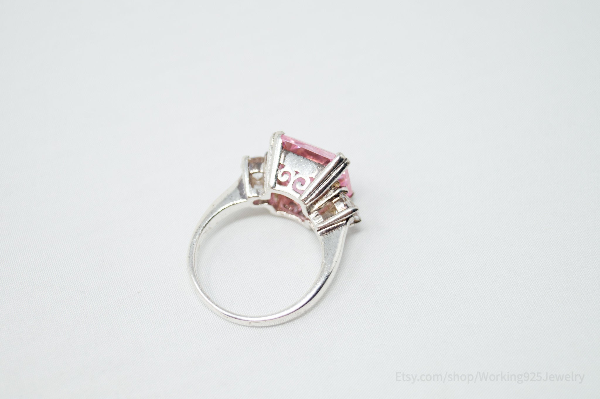 Vintage Art Deco Style Pink Topaz CZ Statement Ring Sterling Silver - Size 7.5
