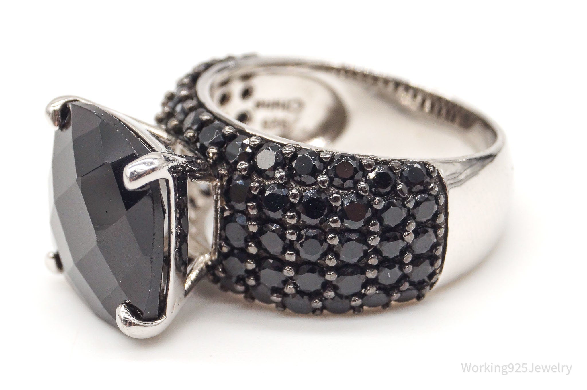 VTG Designer KJC Black Spinel Sterling Silver Ring - Size 6