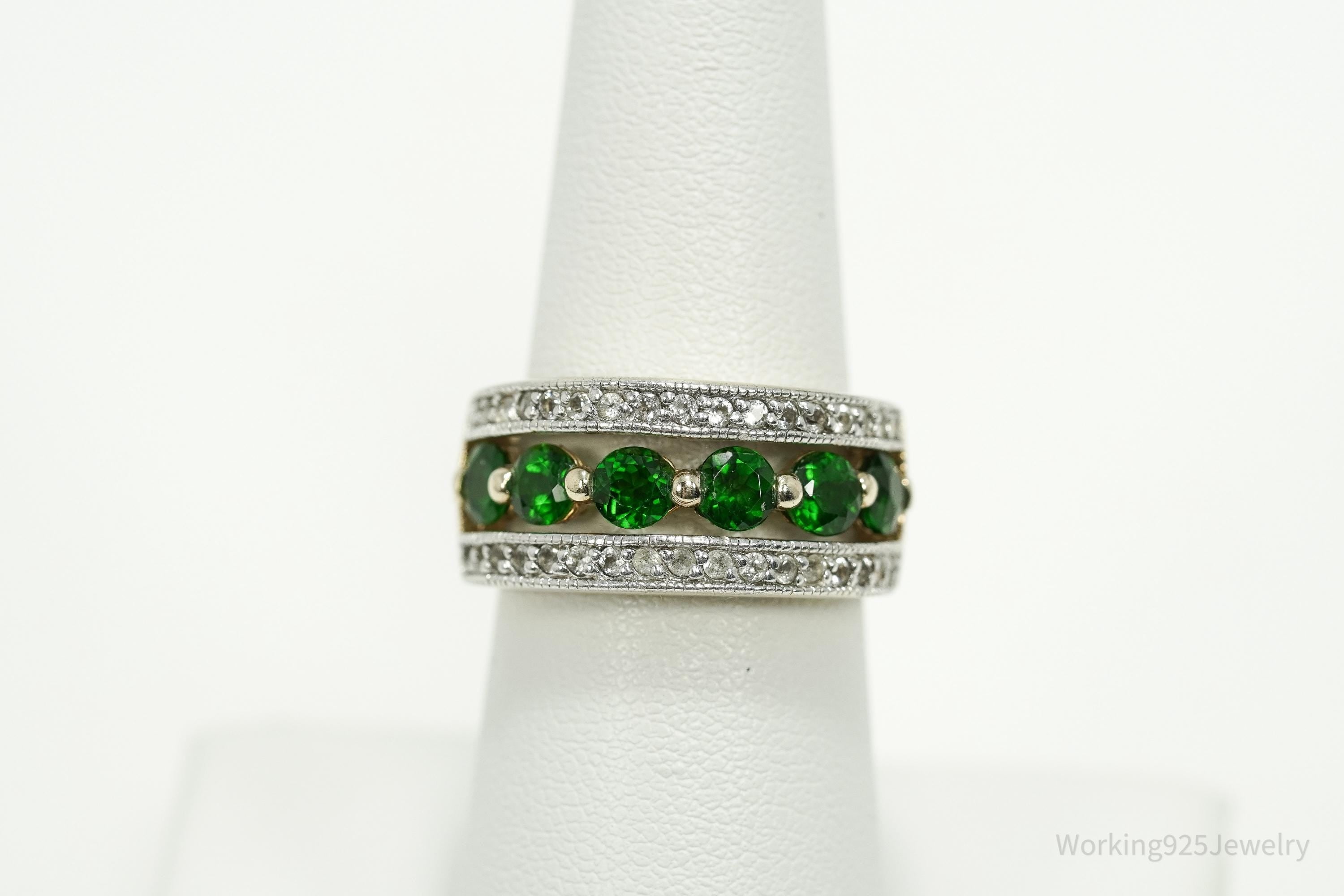 Vintage Green Chrome Diopside & White Topaz Gold Over Sterling Silver Ring - Size 6.75