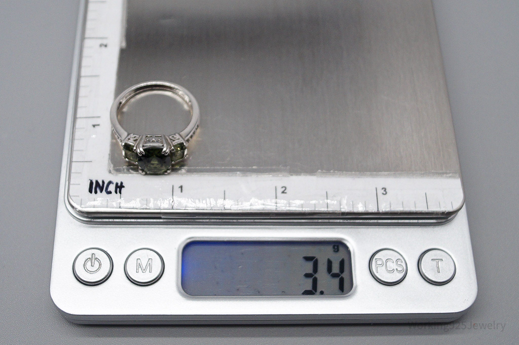 Vintage JTV's Green Moldavite & White Zircon Sterling Silver Ring - Size 9