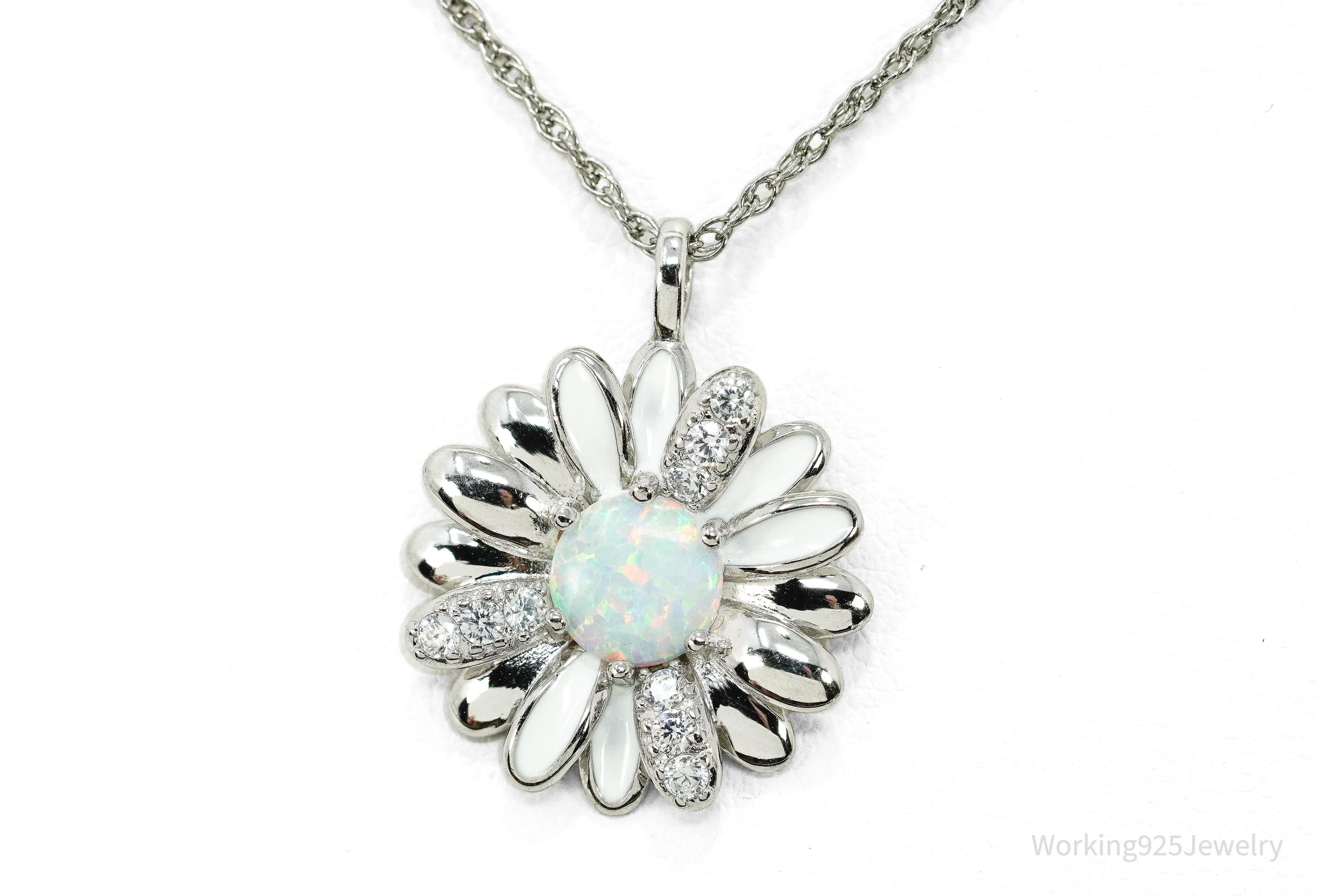 Opal & Cubic Zirconia Sterling Silver White Enamel Flower Chain Necklace 18"