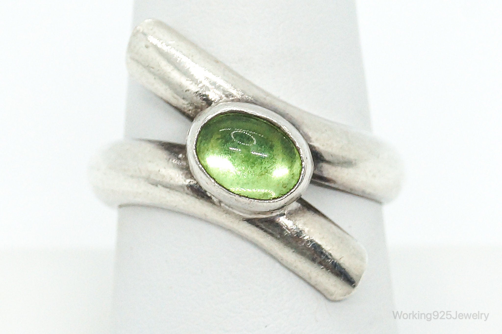 Vintage Mexico Modernist Sleek Green Glass Sterling Silver Ring - Size 8.25