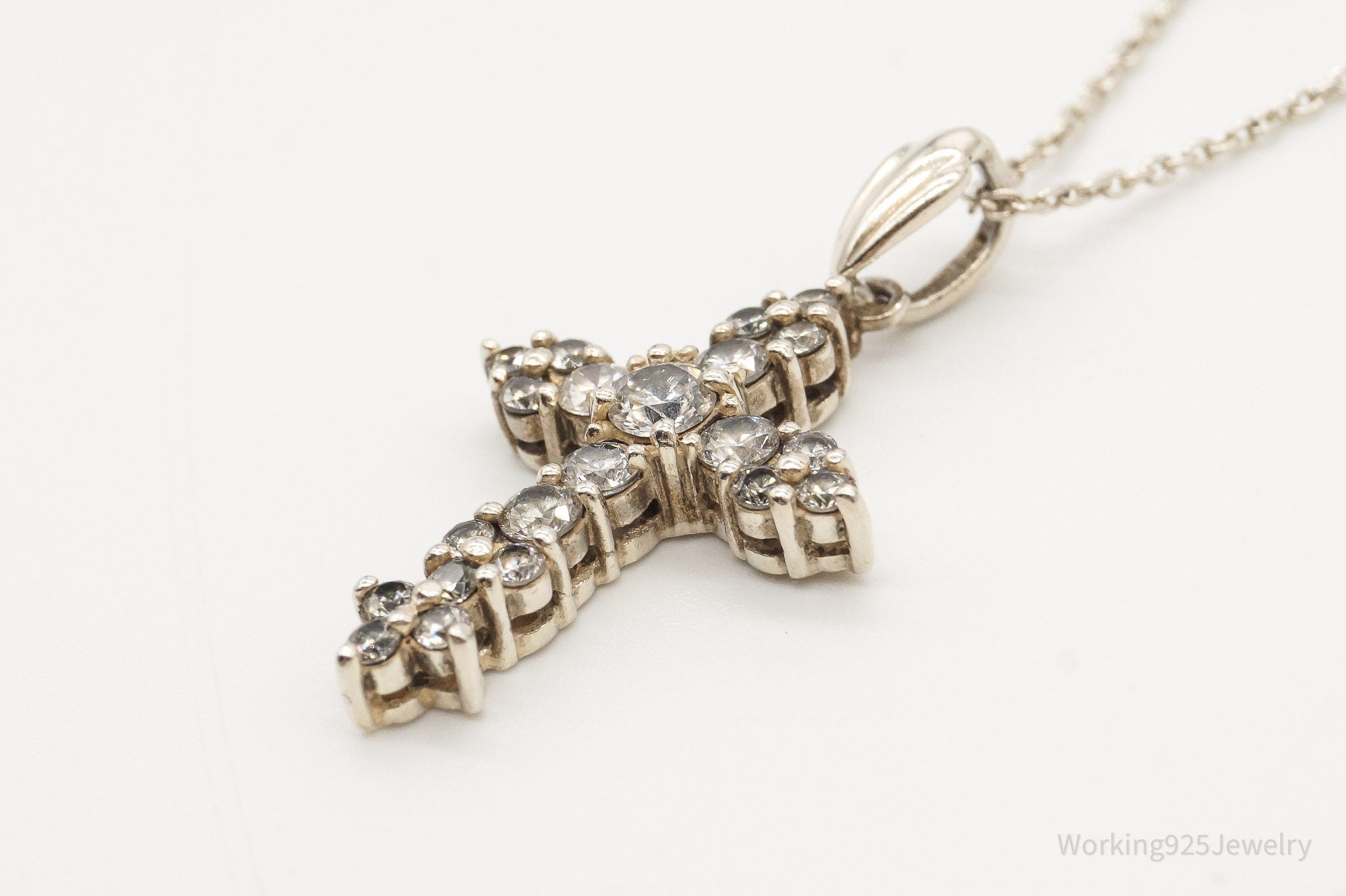 Vintage Cubic Zirconia Cross Sterling Silver Chain Necklace