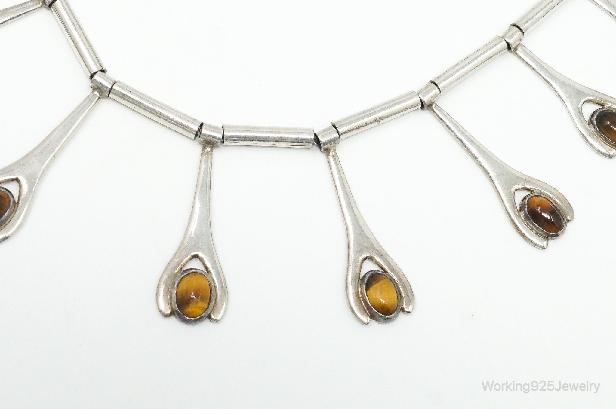 Vintage Taxco Mexico Designer VSA Tigers Eye Modernist Sterling Silver Necklace