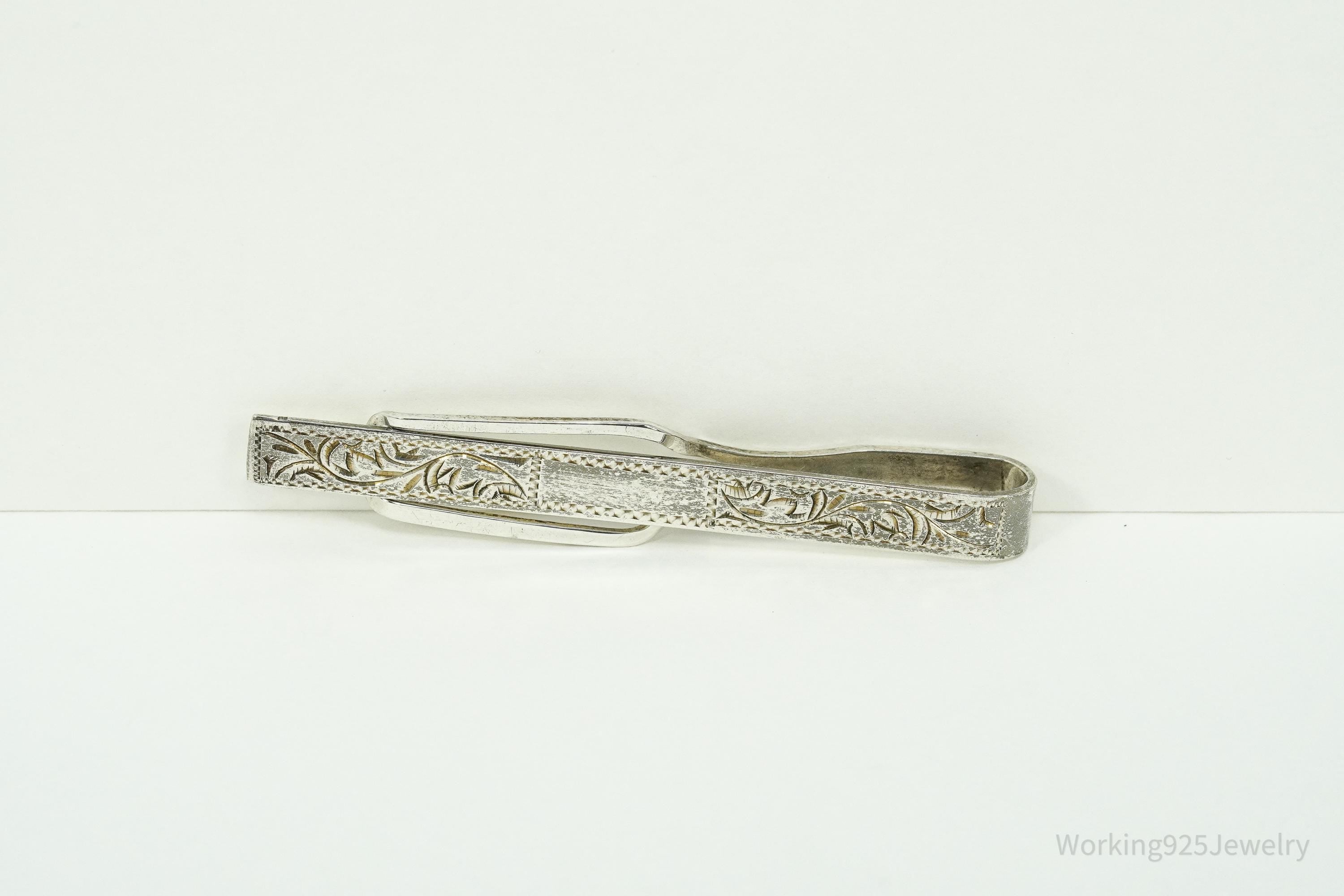Vintage Floral Etched 950 Sterling Silver Money Clip Tie Clip