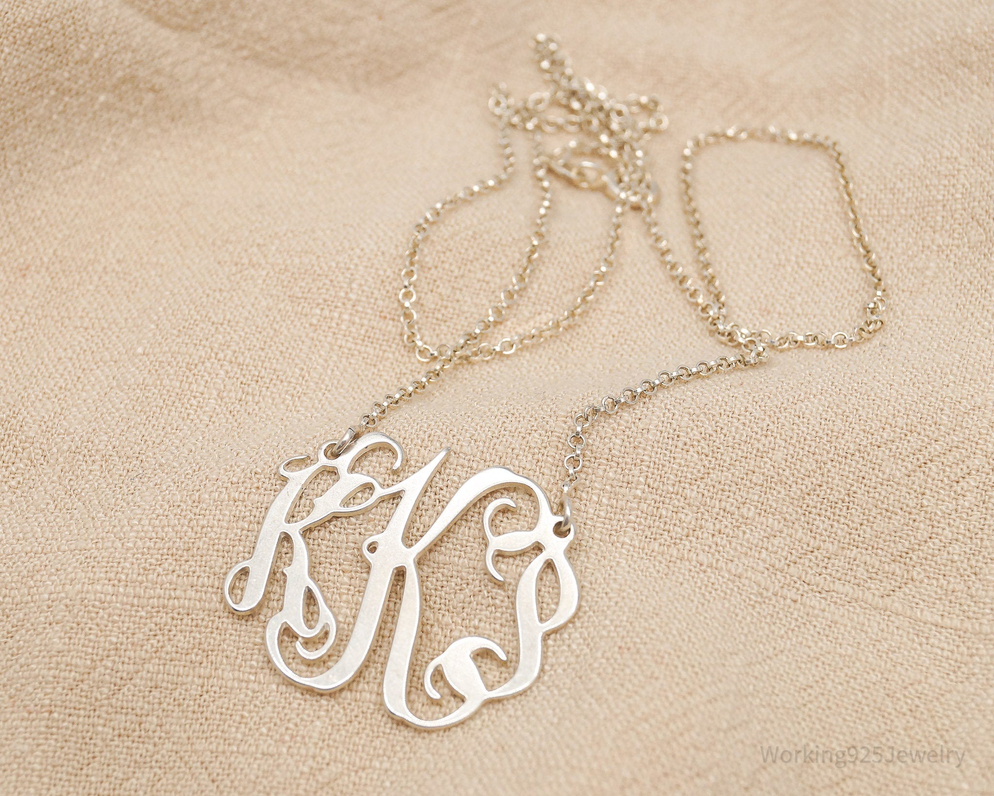 Vintage Cursive Initials Sterling Silver Necklace 18"